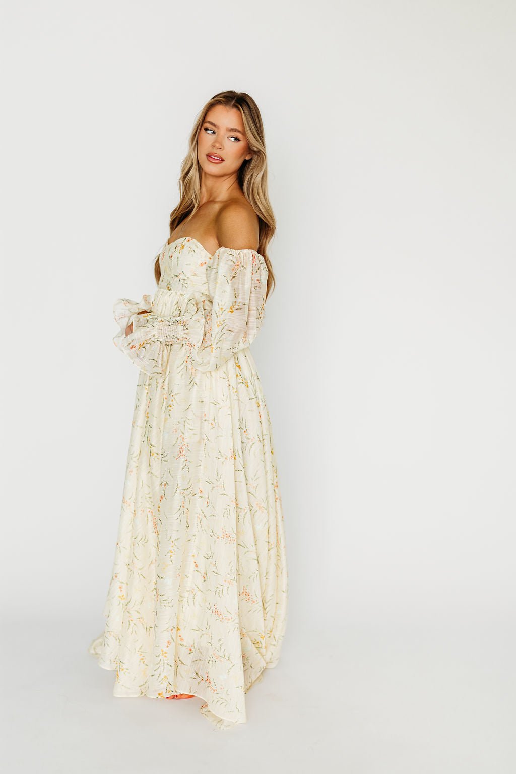 Delilah Cream Floral Maternity Dress with Train - Bump Friendly Wedding Guest Dress for Baby Showers & Special Occasions