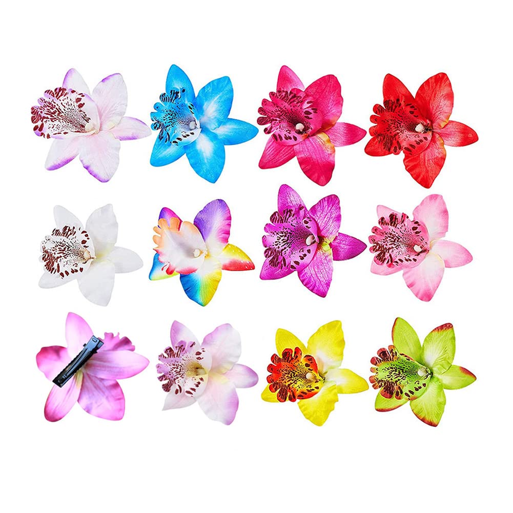 12PCS Hawaiian Flower Hair Clips - Colorful Bohemian Orchid Alligator Clips for Women, Girls, Bridal, Wedding, Party & Beach - Hair Accessories for Summer, Vacation, Tropical Theme Events & Everyday Styling