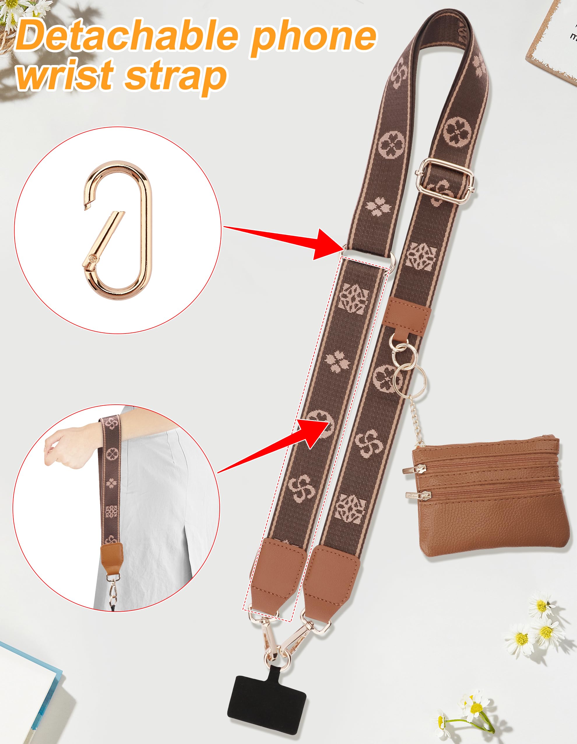 Jusy Clip and Go Strap for Phone with Wallet Crossbody - Adjustable Multifunction Lanyard with Zippered Pouch & Leather Wallet for iPhone, Samsung & All Smartphones (Brown) - Perfect for Travel, Shopping & Hands-Free Convenience