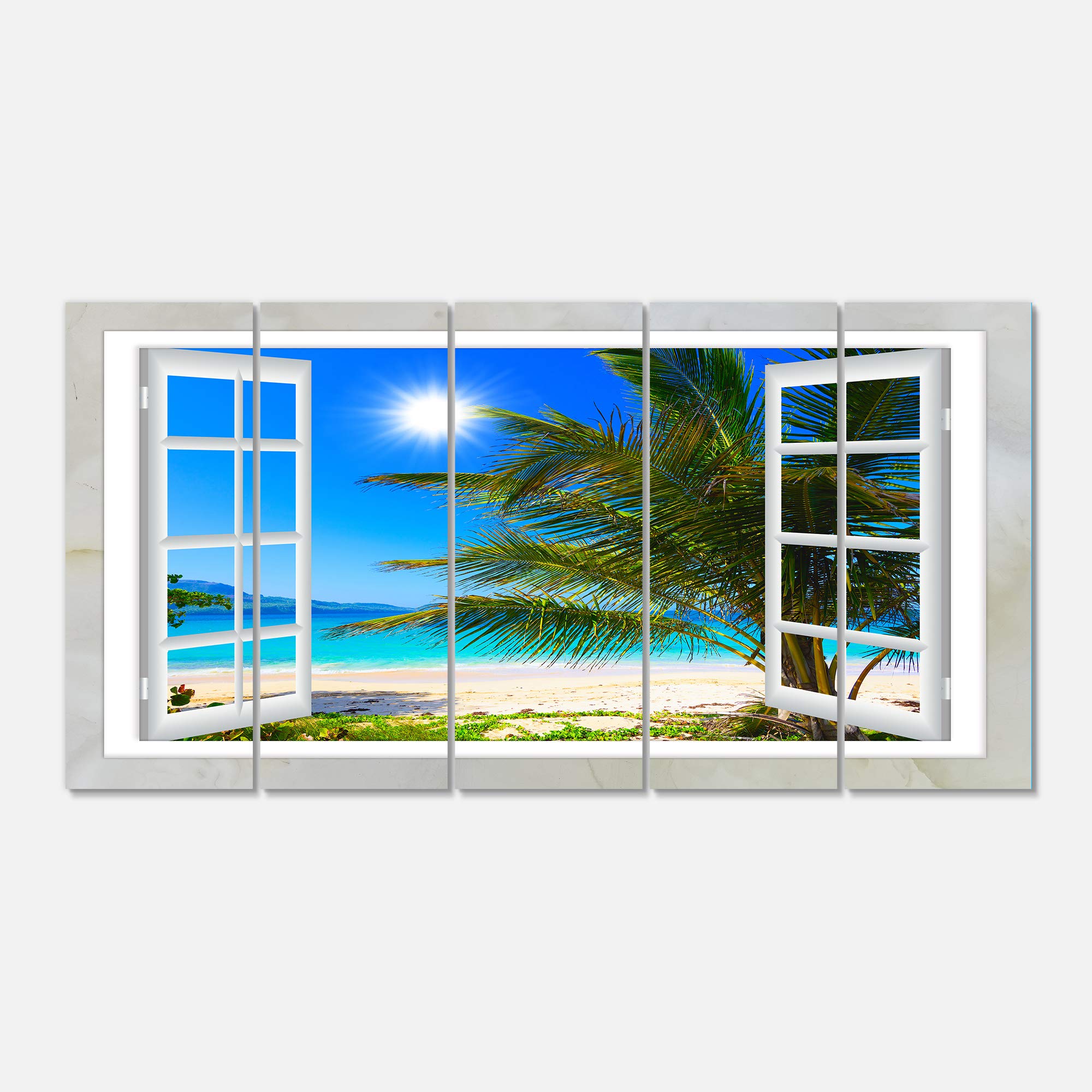 Extra Large Seashore Canvas Art - DesignArt Window Open to Beach with Palm Trees - Coastal Wall Decor for Living Room, Bedroom & Office