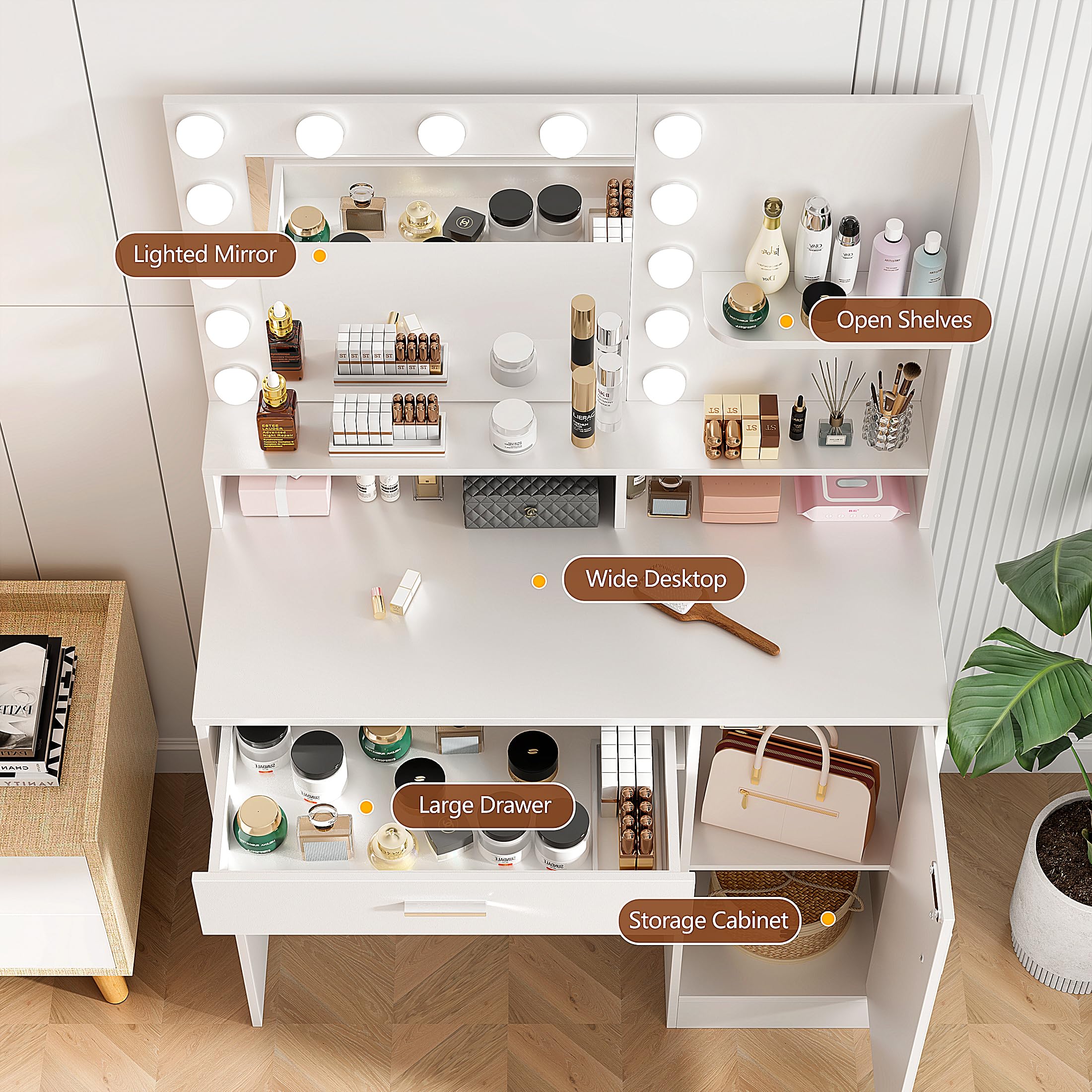 Vanity Desk with Mirror & LED Lights - White Makeup Dressing Table with Storage Drawers & Cabinet, 3 Lighting Modes & 10 Brightness Levels - Perfect for Bedroom, Dressing Room & Home Salon (Ideal for Makeup Application, Skincare Routine & Beauty Organization)