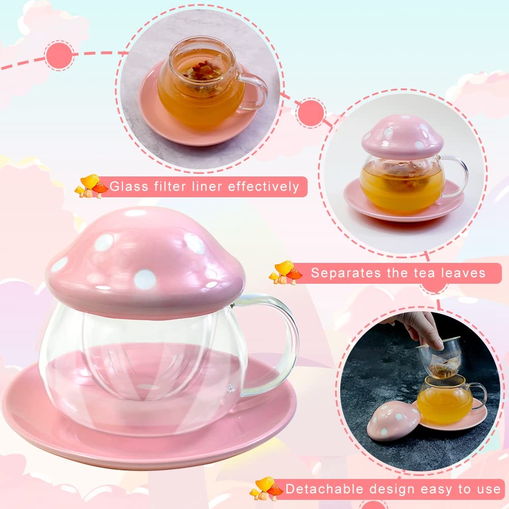 BINBE Cute Mushroom Glass Tea Cup with Lid - Heat Resistant Coffee Mug with Infuser & Tray - Kawaii Gifts for Women, Tea Lovers - Perfect for Home, Office, Gifts (Pink)