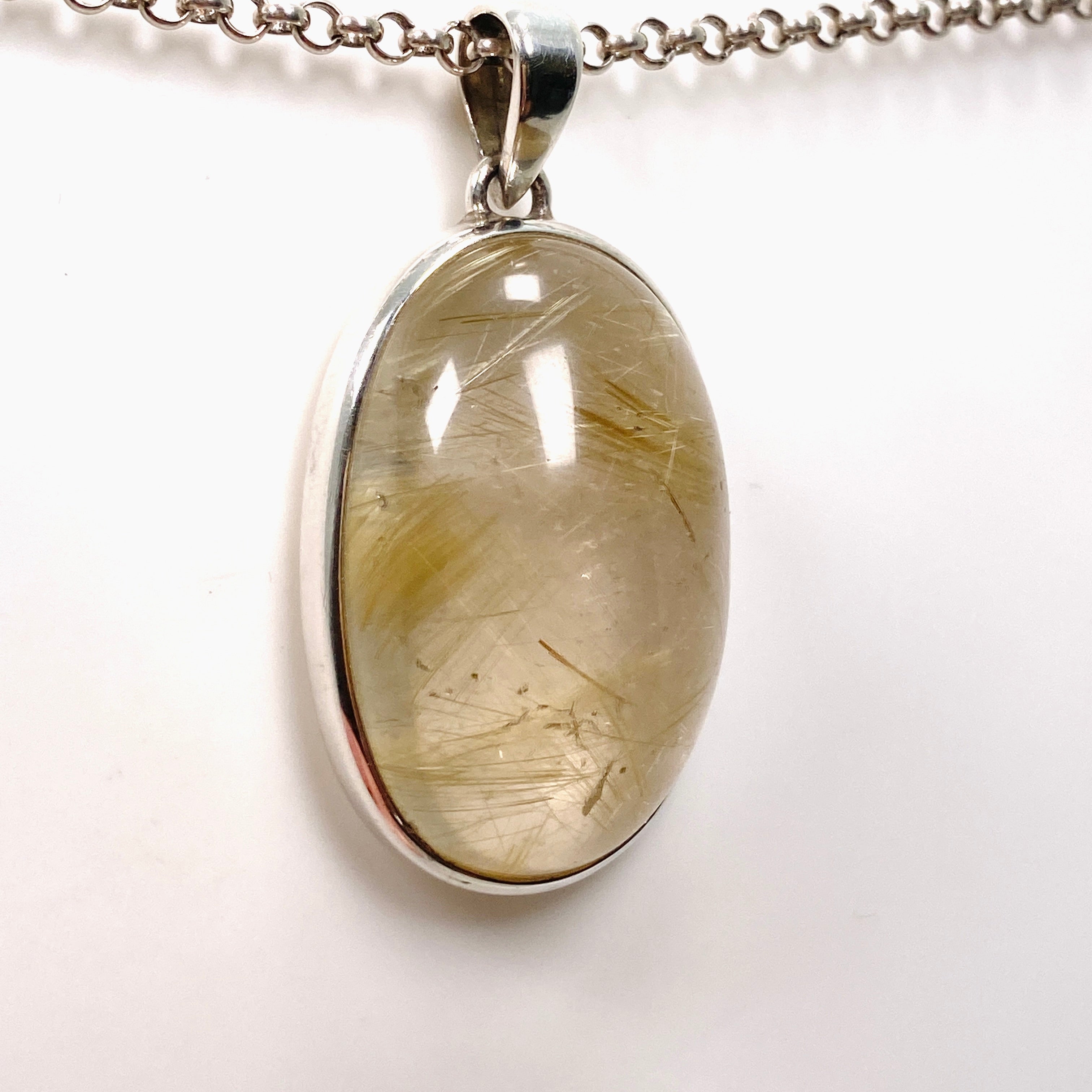 Natural Rutilated Quartz Oval Cabochon Pendant - 925 Sterling Silver Jewelry PPGJ835 for Women's Fashion & Spiritual Healing