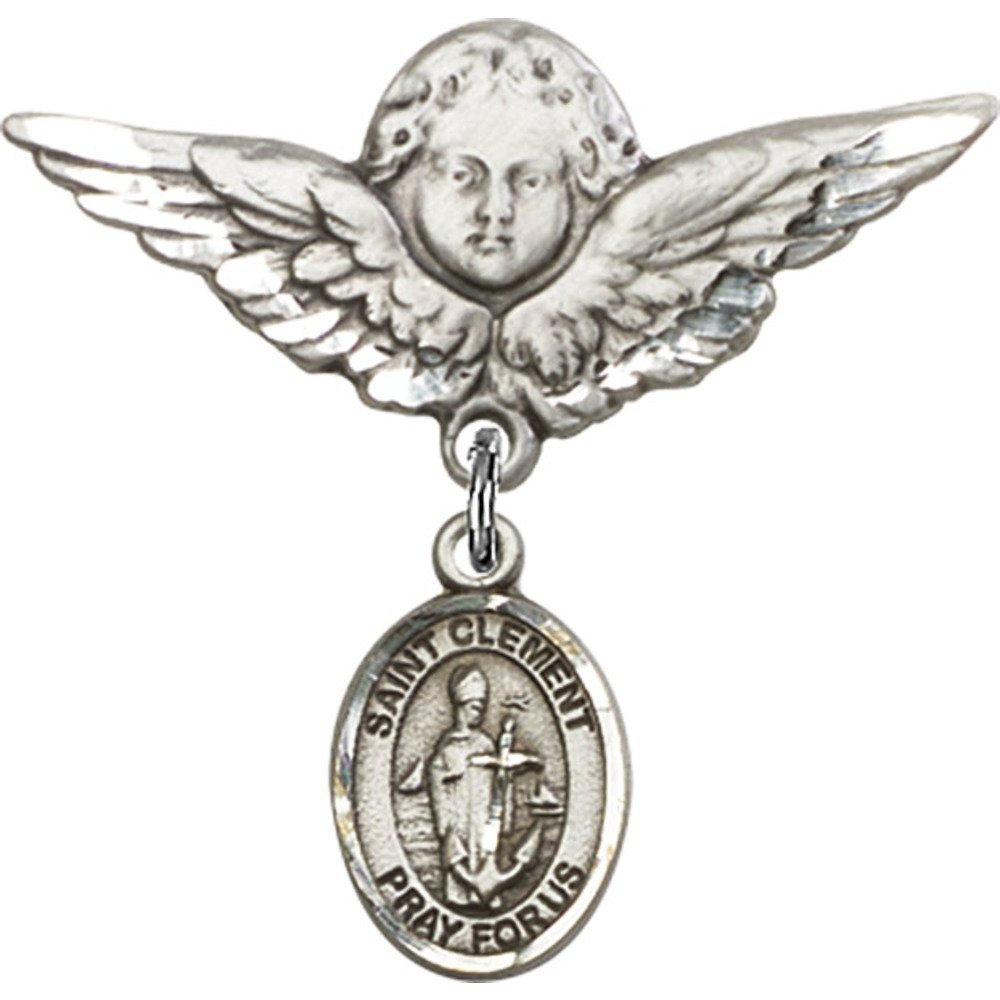 925 Sterling Silver Baby Badge with St. Clement Charm & Angel Wing Pin - 1 1/8 X 1 1/8 Inch - Perfect for Christening Gifts, Baptism Keepsakes & Newborn Blessings