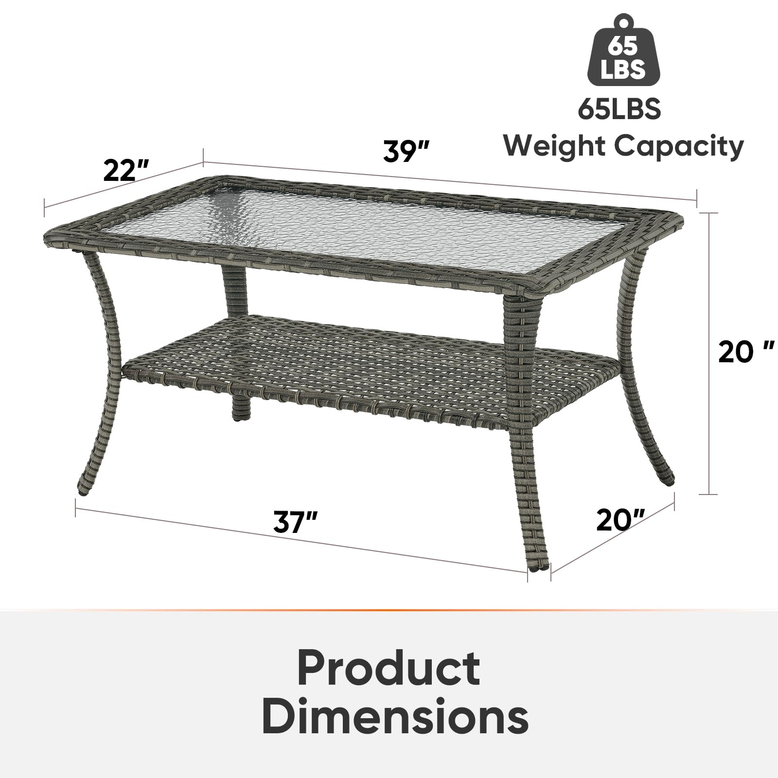 Outdoor Coffee Table - Rattan Wicker Patio Table with Tempered Glass Top & 2-Tier Storage - Weatherproof Furniture for Deck, Porch, Balcony, Garden - Grey - Perfect for Outdoor Relaxation & Entertaining