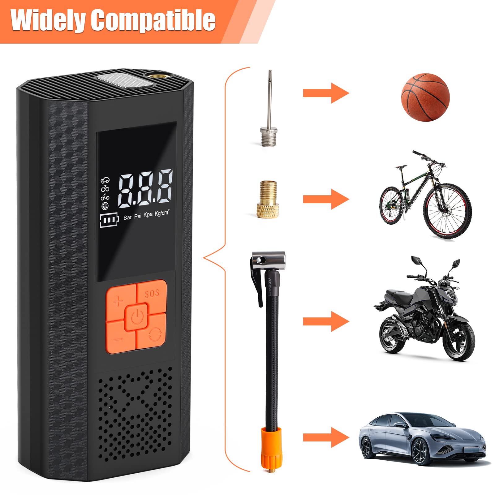 Portable Air Compressor for Car Tires - 150PSI Electric Tire Inflator with LED Light - Universal Air Pump for Motorcycle, E-Bike & Bicycle - Perfect for Road Trips, Emergency Flat Tires & Home Garage Use