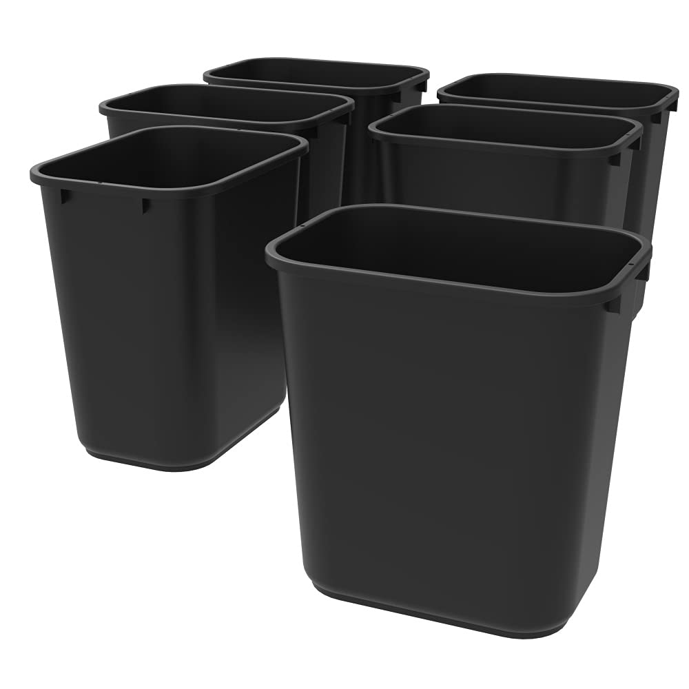 Storex 7 Gallon Trash Can, 6-Pack - Durable Gray & Black Waste Bins for Office, Kitchen, Bathroom, Classroom, and Home Use