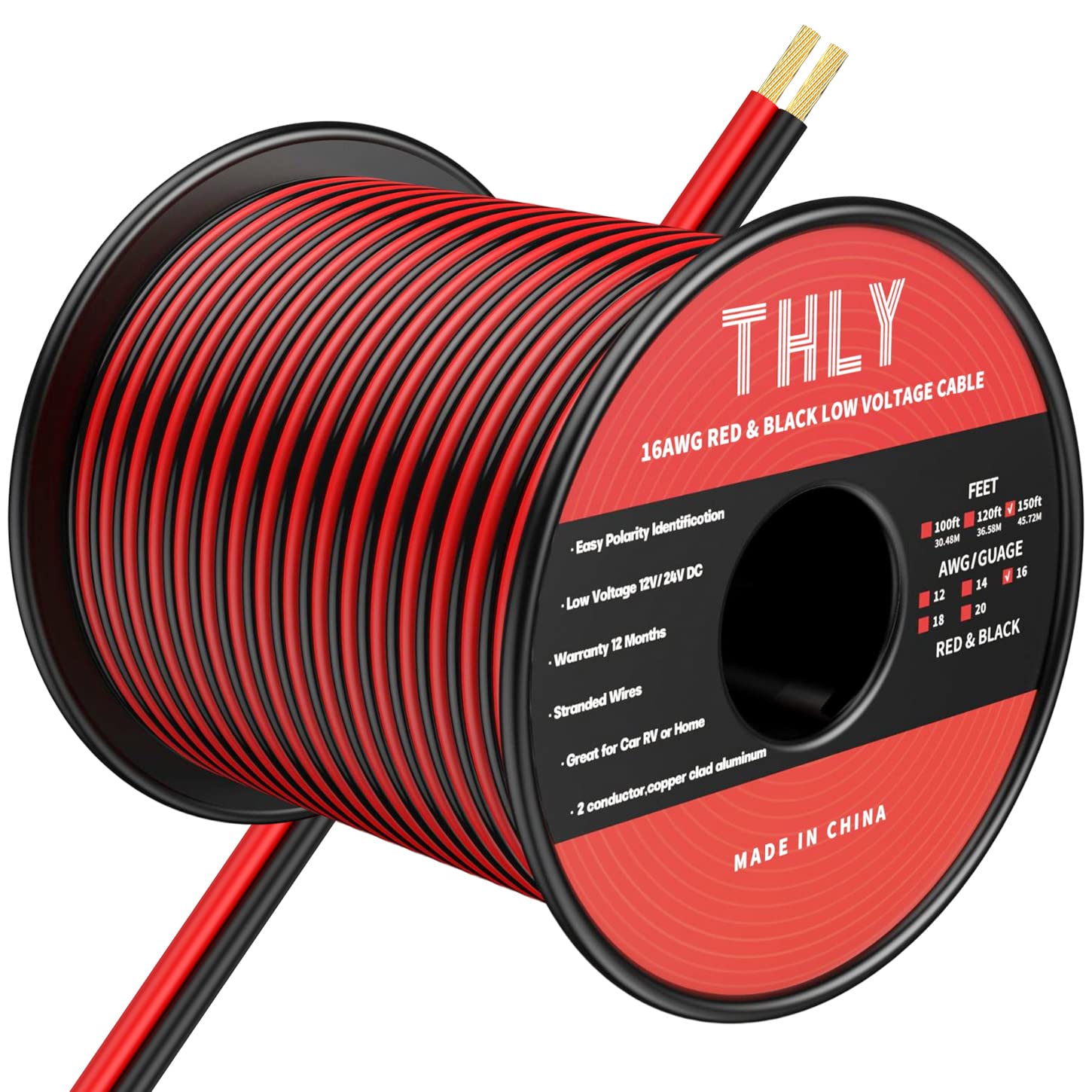 THLY 150FT 16 Gauge 2 Conductor Electrical Wire - Red & Black 12V Automotive Wire for LED Lights, Speakers, Solar Batteries, Marine & Car Applications | Durable Copper Wire for DIY Projects, Home & Vehicle Wiring