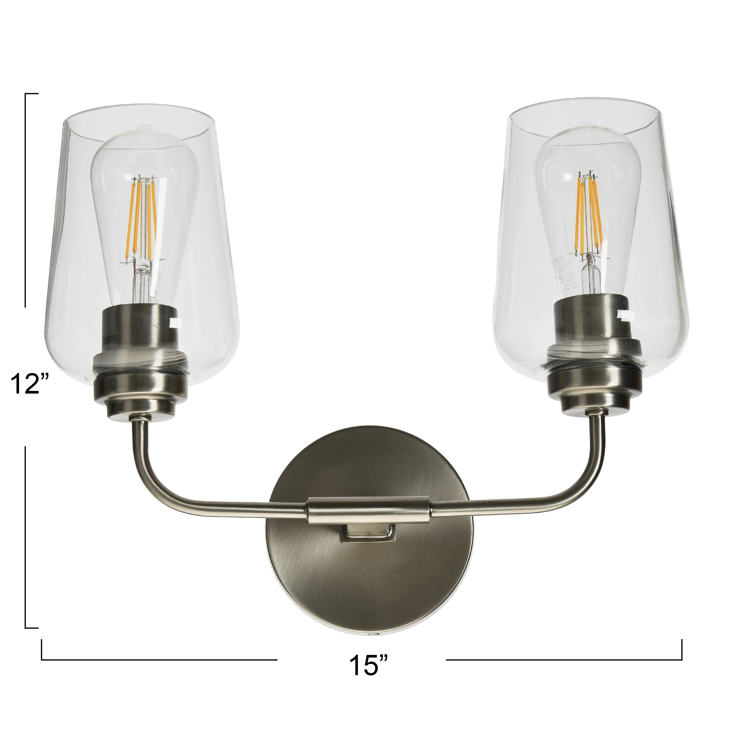 Holden 2-Light Vanity Light Fixture - Antique Nickel Finish Metal & Glass Bathroom Sconce for Mirror Lighting | Perfect for Bathroom, Powder Room & Dressing Area Makeup Lighting