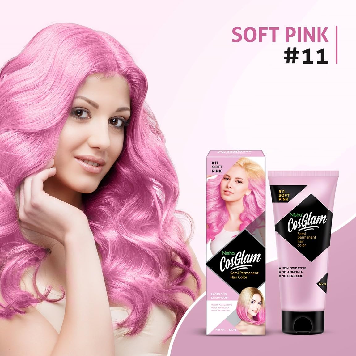 Nisha Cosglam Semi-Permanent Vegan Hair Dye - Ammonia & Peroxide Free Conditioning Color for Men & Women - 120g #11 Soft Pink (Light Pink) - Lasting Glossy Highlights for Everyday Style & Special Occasions