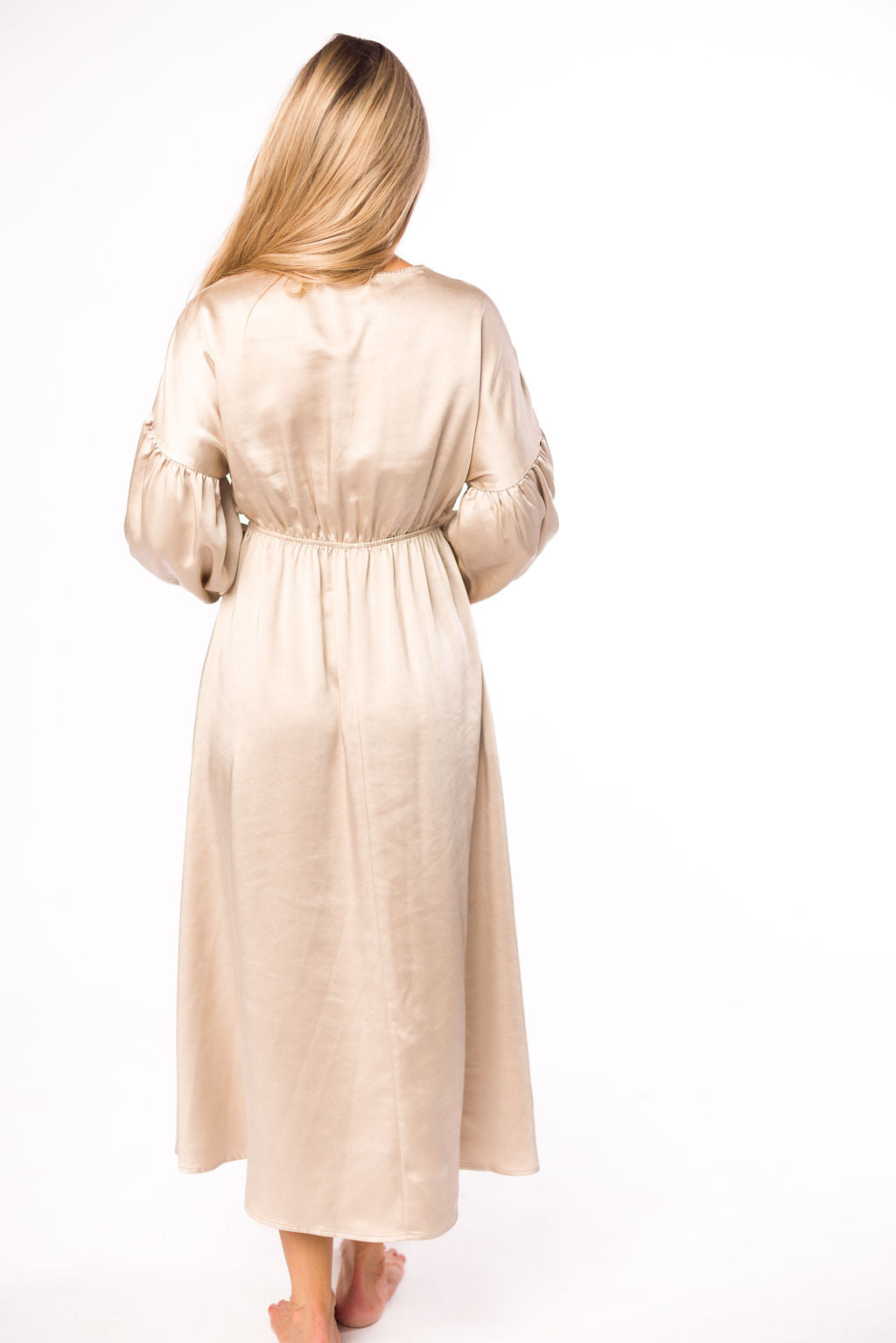 Hunter Premium Satin Midi Dress in Champagne - Bump Friendly Maternity Dress for Special Occasions & Pregnancy Photoshoots