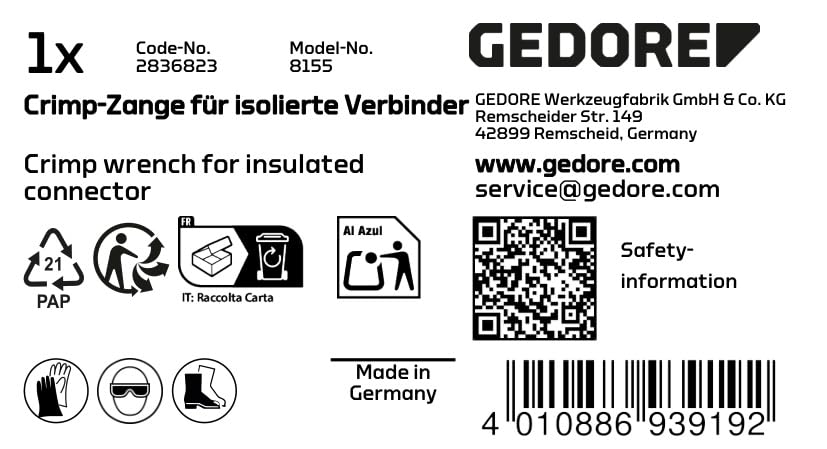 GEDORE 8155 Crimping Tool for Insulated Electrical Connectors - Professional Wire Terminal Crimper for Automotive, HVAC and Electrical Wiring Applications