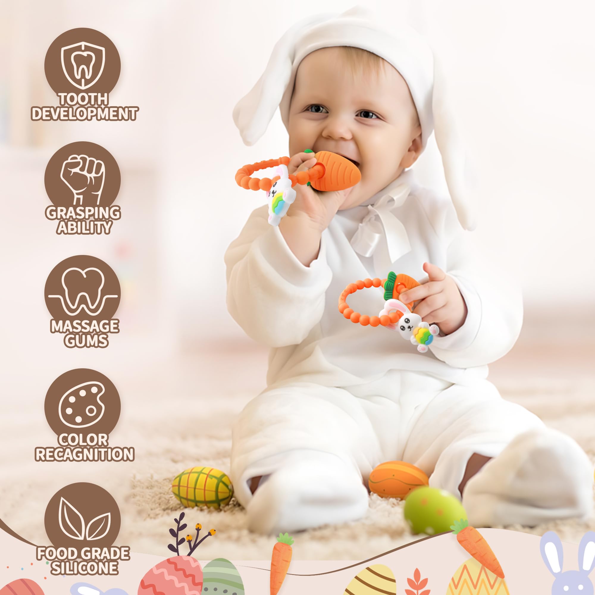 Easter Bunny Teething Toys for Babies - Soft Silicone Egg & Carrot Teether - Safe Chew Toys for Infants Boys & Girls - Perfect Easter Basket Stuffers, First Easter Gifts & Nursery Decorations (Great for Soothing Sore Gums During Easter Celebrations)
