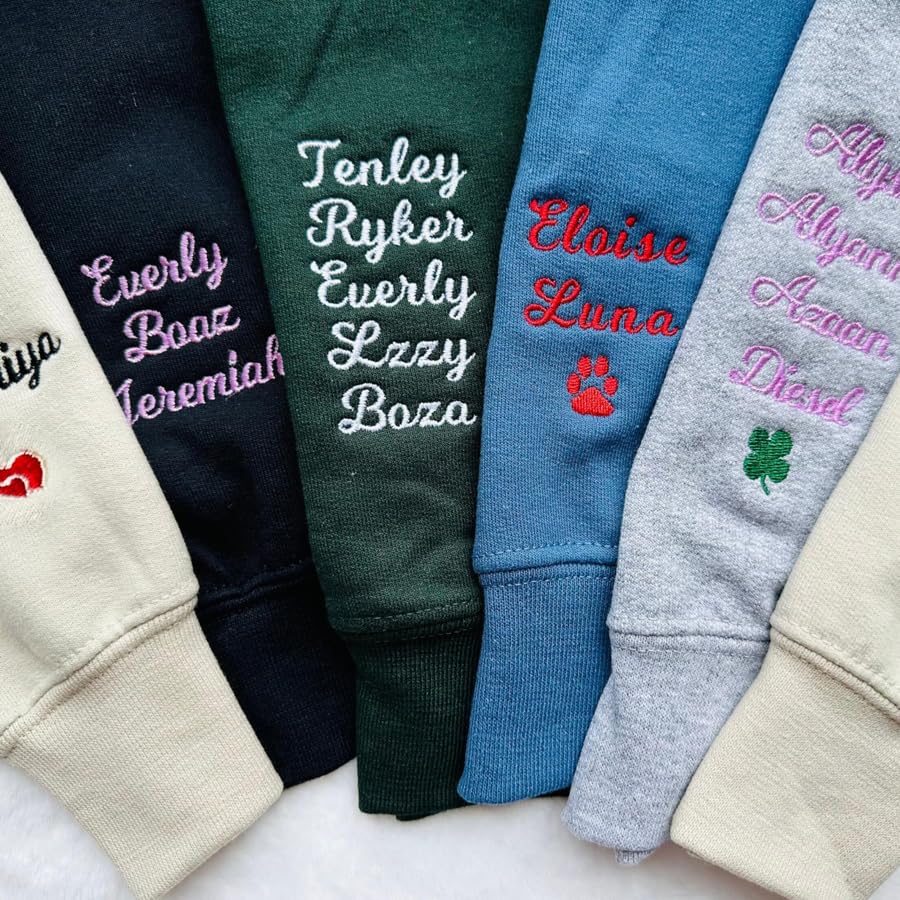 Custom Embroidered Sweatshirt with Baby/Kids/Grandkids Name on Sleeve - Personalized Gift for Mom, Mama & Grandma - IZI POD Embroidery Shirt for Family Photos, Holidays & Special Occasions