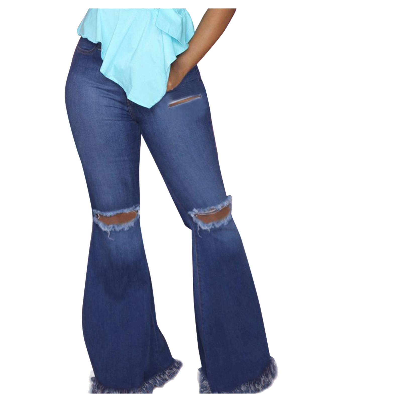 YAWEIE Women's Flare Jeans - Ripped Bell Bottoms with Elastic Waist for Casual Outfits