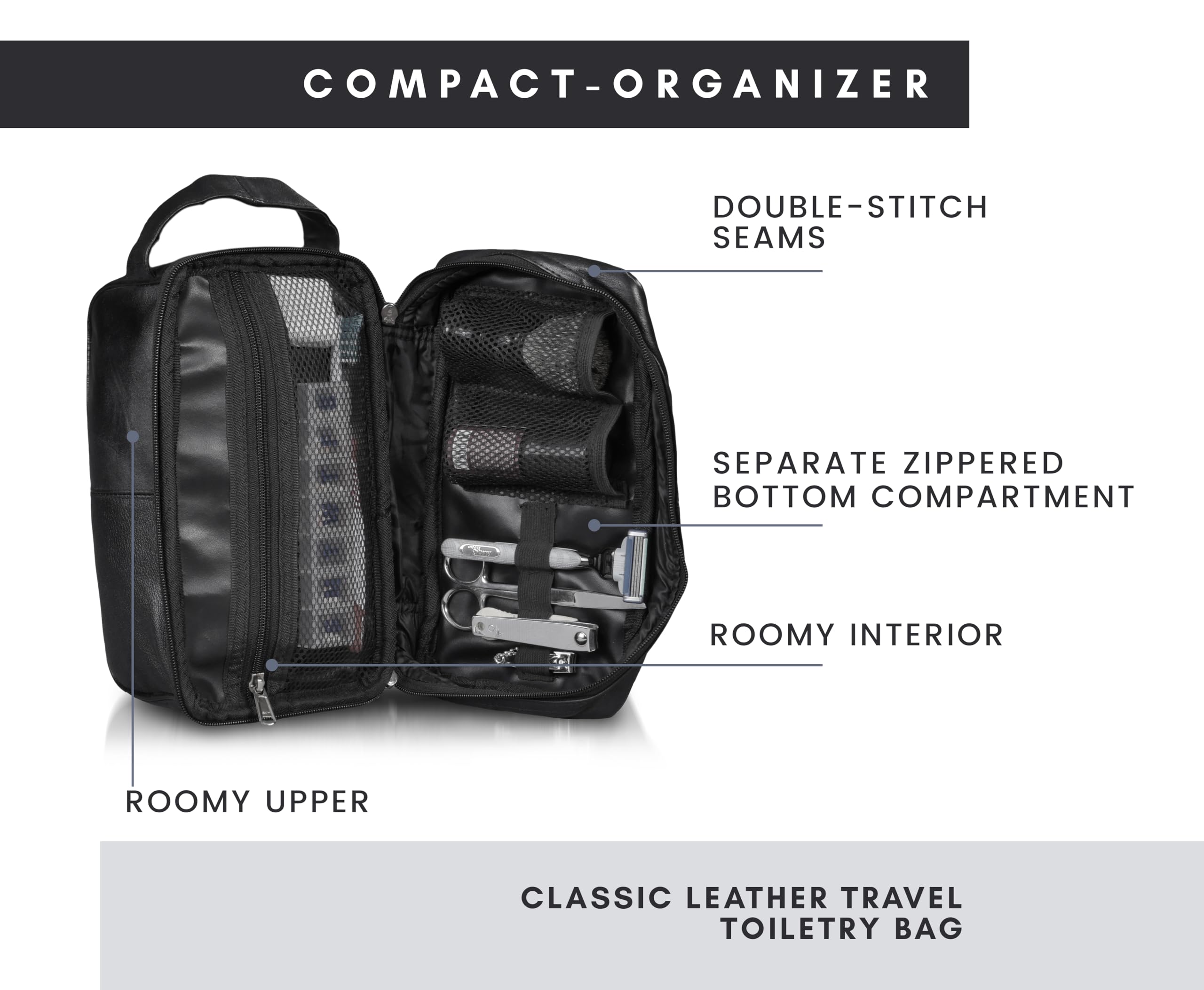 Leather Travel Toiletry Bag for Men - Waterproof Shaving Dopp Kit with Bottom Storage (10x6x5 Inches) - Durable Mens Shower & Bathroom Organizer - Perfect for Business Trips, Gym, Camping & Vacation Essentials