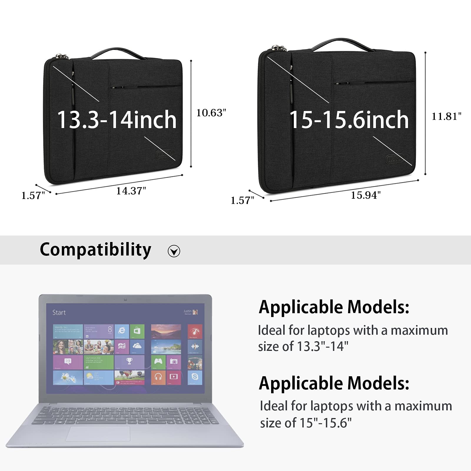 13.3-14 Inch Waterproof Laptop Sleeve Case - Durable Business Computer Bag for MacBook Air/Pro, HP, ThinkPad, Notebook & Tablet - Protective Handle Laptop Bag in Black - Ideal for Work, Travel & School