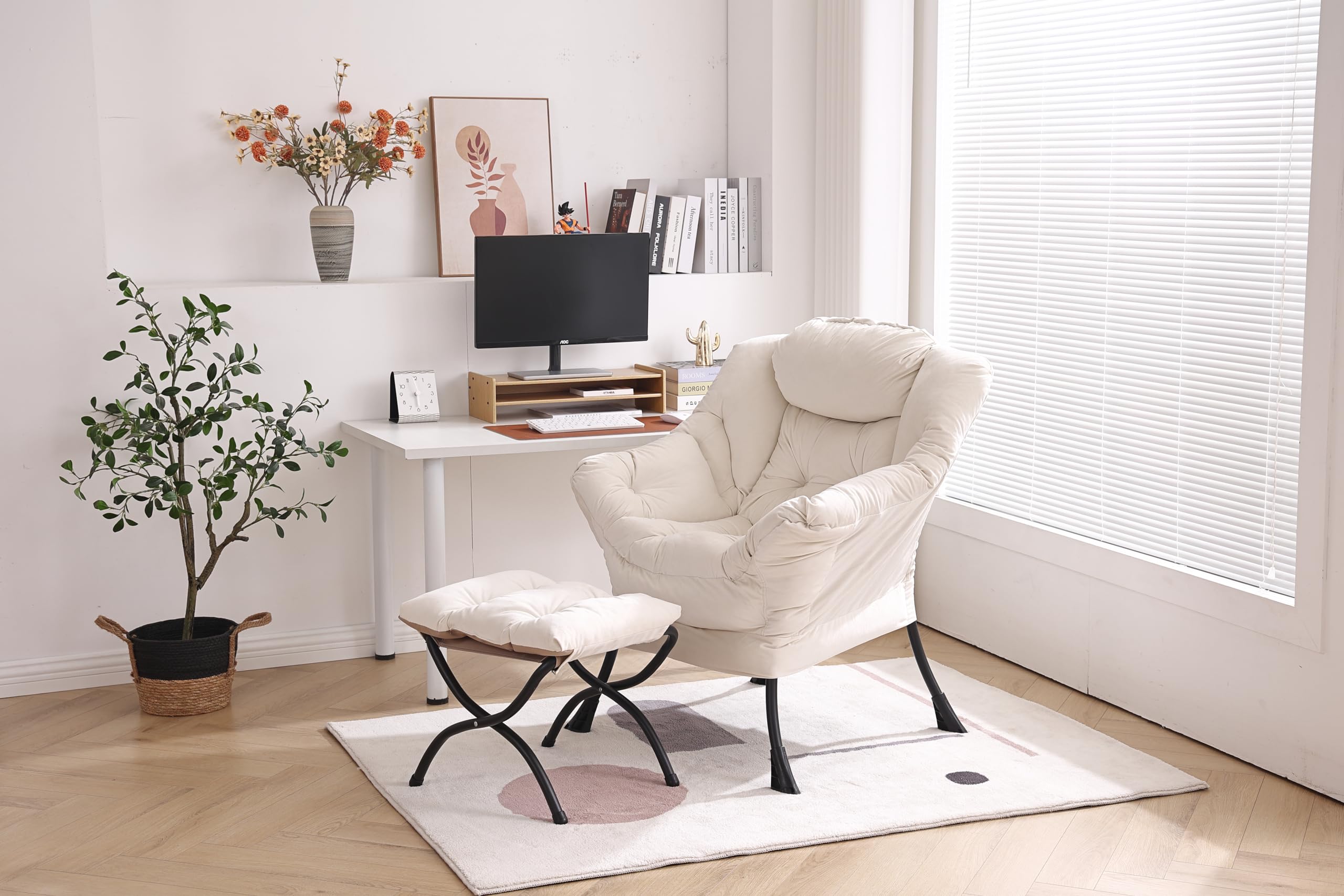Modern Lazy Chair with Ottoman - Folding Footrest Lounge Accent Chair, Comfortable Oversized Armchair for Reading, Bedroom, Living Room & Study - Perfect for Relaxing, Napping & Home Decor (Beige)