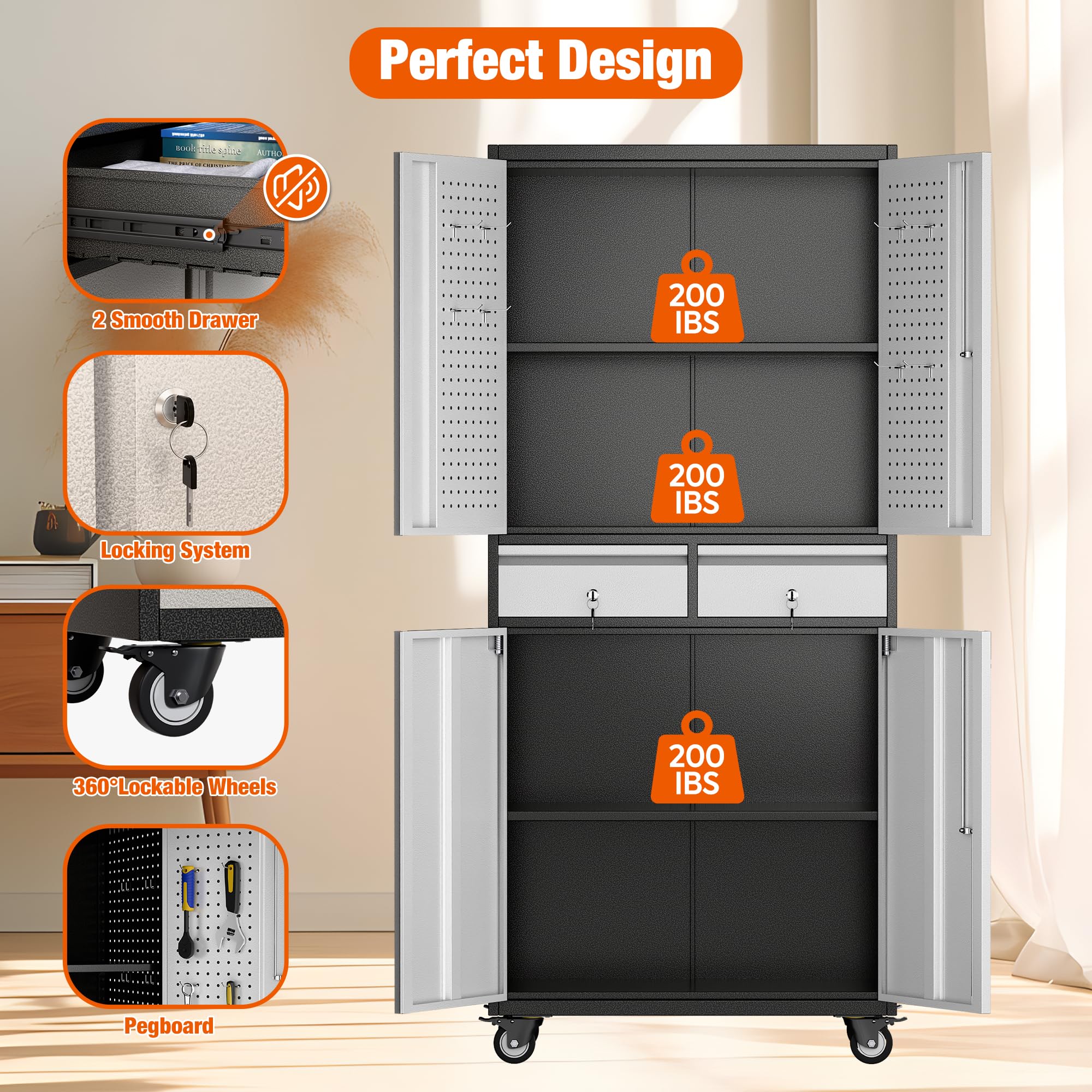 Aobabo Heavy Duty Metal Storage Cabinet with 2 Locking Drawers & Pegboard - Steel Rolling Tool Organizer with 8 Hooks & 2 Adjustable Shelves for Garage, Workshop, Home Office & Kitchen Organization (Black Gray, Assembly Required) - Perfect for Tool Storage, Workshop Organization & Home Improvement Projects