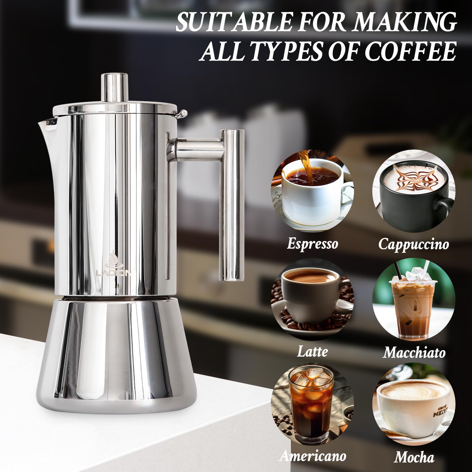 Stainless Steel Stovetop Espresso Maker - 6 Cup 10oz Moka Pot for Cuban & Italian Coffee | Induction Compatible | Perfect for Home, Travel & Camping | Great Coffee Gift for Men & Women