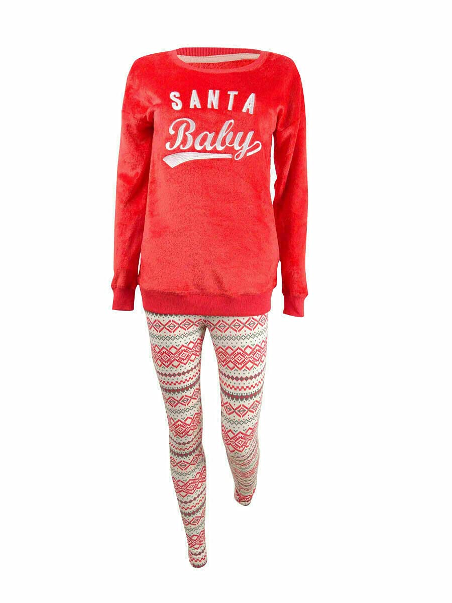 Jenni Women's Faux Fur Tunic & Leggings Christmas Pajama Set - Santa Baby Print - Size Small - Cozy Holiday Sleepwear for Christmas Eve & Winter Nights