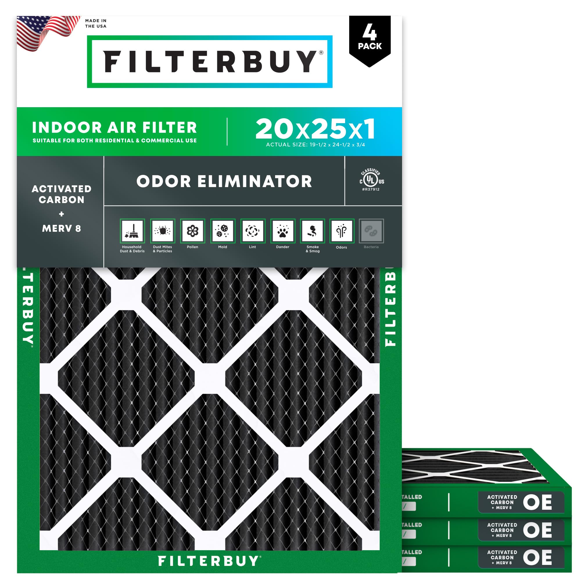 Filterbuy 20x25x1 MERV 8 Air Filter 4-Pack with Activated Carbon - Odor Eliminating HVAC Furnace AC Replacement Filters (19.5x24.5x0.75 Inches) for Home, Office & Commercial Use