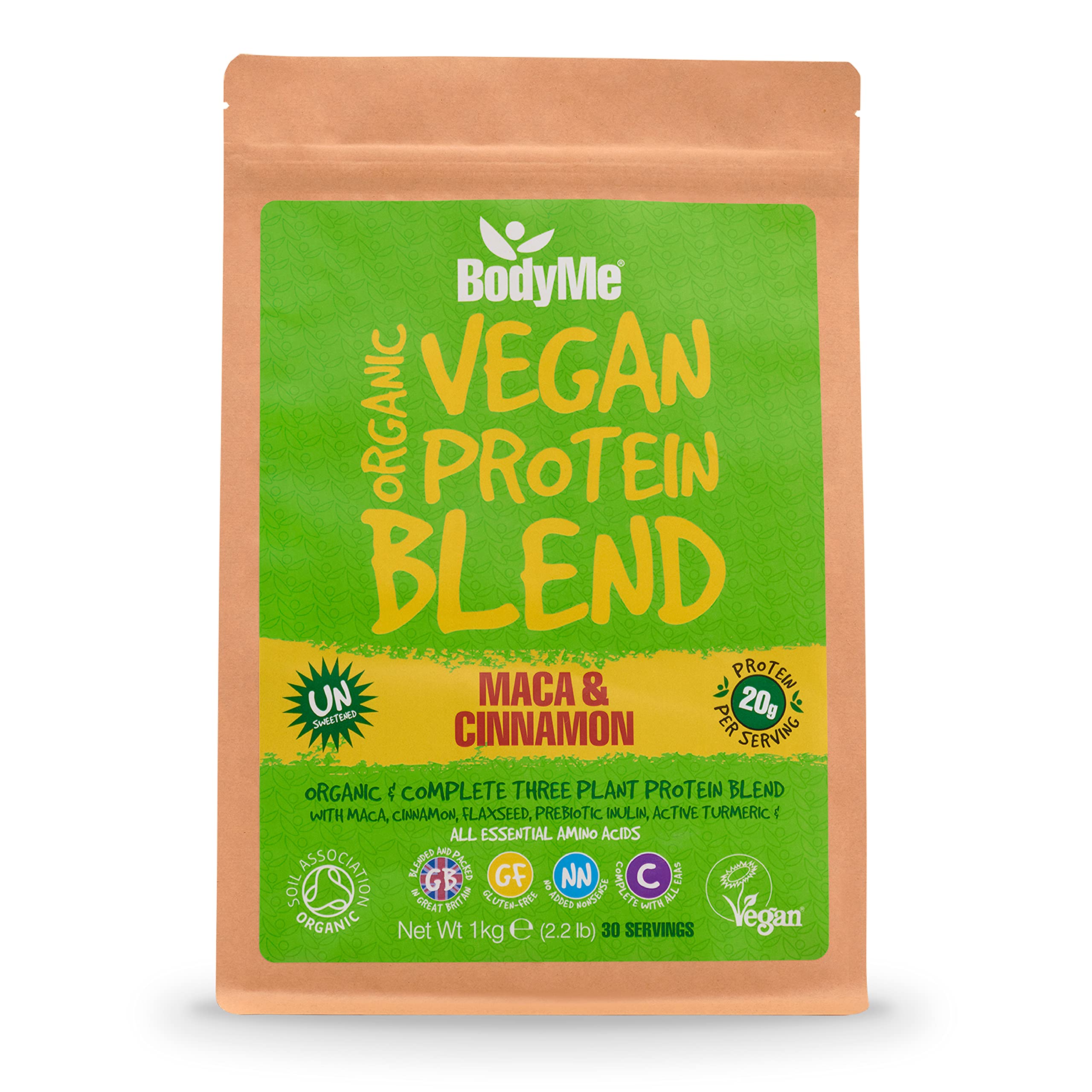 BodyMe Organic Vegan Protein Powder - Raw Cinnamon Flavor | 2.2lb (1kg) Plant-Based Protein Blend | Unsweetened with Pea, Rice & Hemp Proteins | Ideal for Smoothies, Baking & Post-Workout Recovery