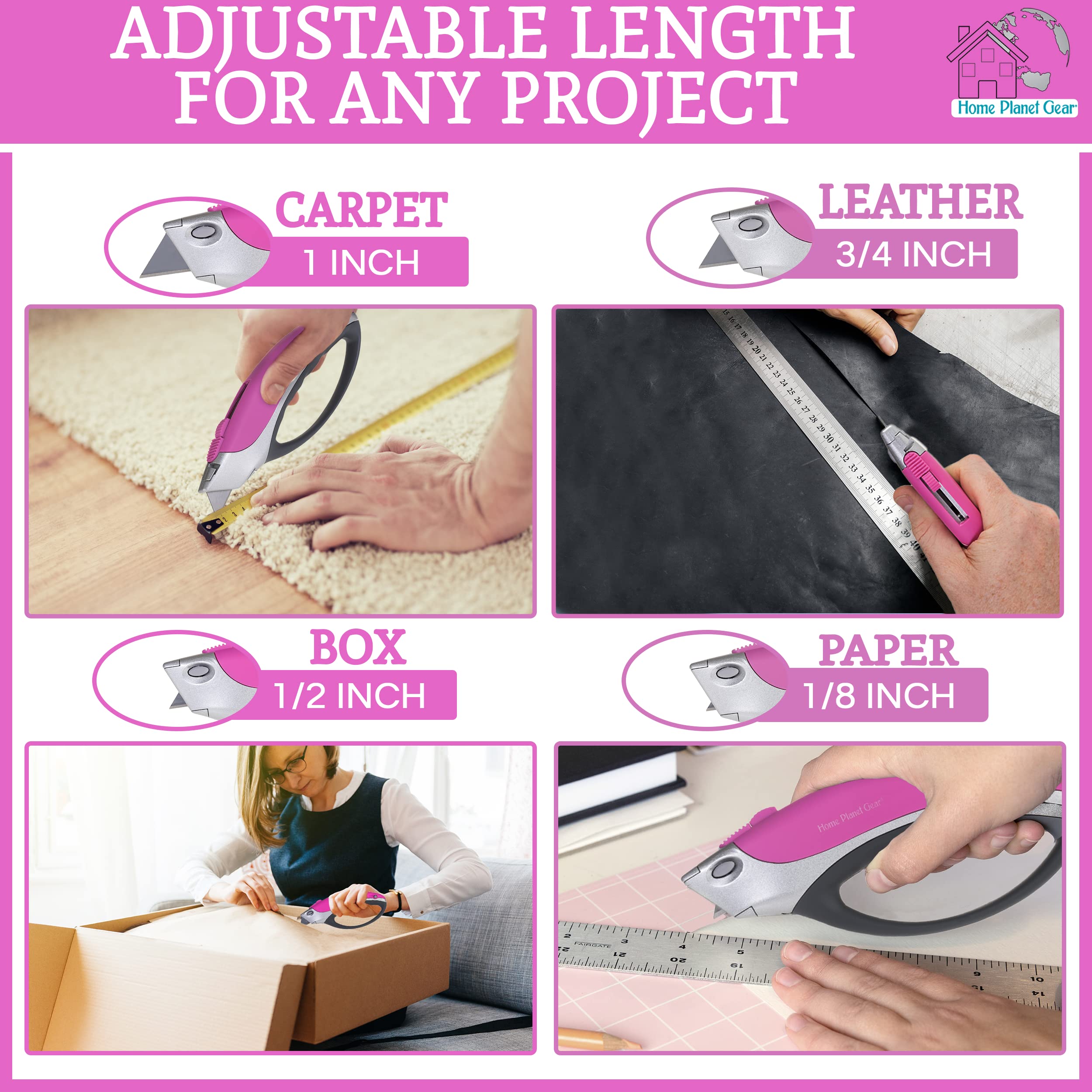 Heavy Duty Retractable Utility Knife - Pink Box Cutter with 5 Sharp Blades for Cardboard Cutting, Package Opening, Warehouse & Office Use