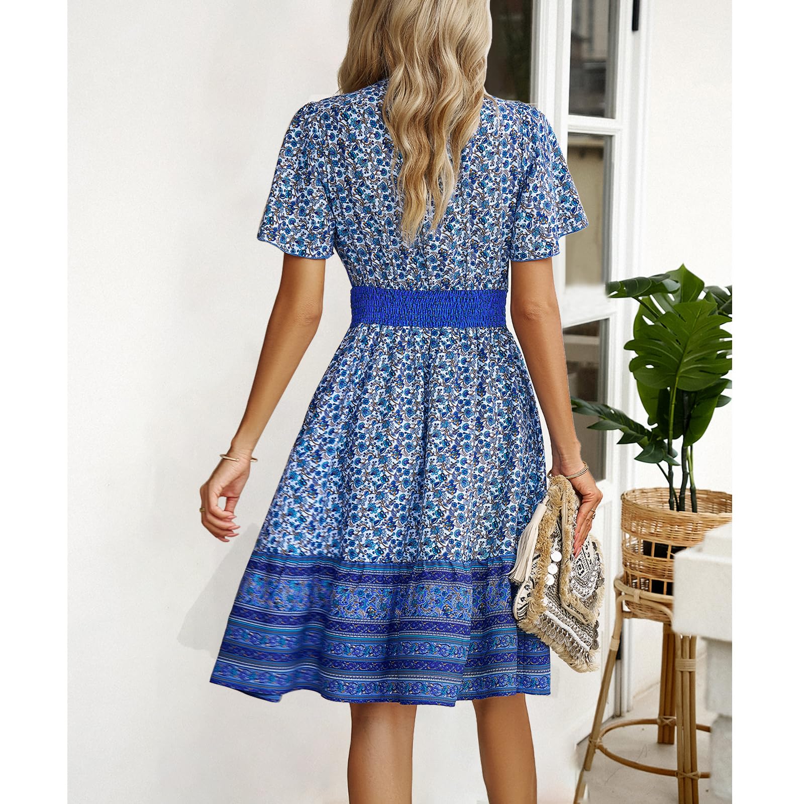 AILLOSA Women's Floral Boho Dress - V Neck Short Sleeve A-Line Midi Dress for Summer, Beach, Vacation & Casual Wear