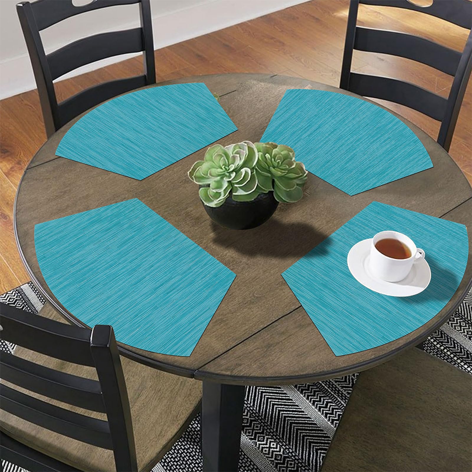 SHACOS 4-Pack Round Wedge Placemats Set - Heat Resistant Woven Vinyl PVC Table Mats for Indoor & Outdoor Use - Wipe Clean & Durable - Perfect for Dining Tables, Picnics, and Parties (Teal Blue)