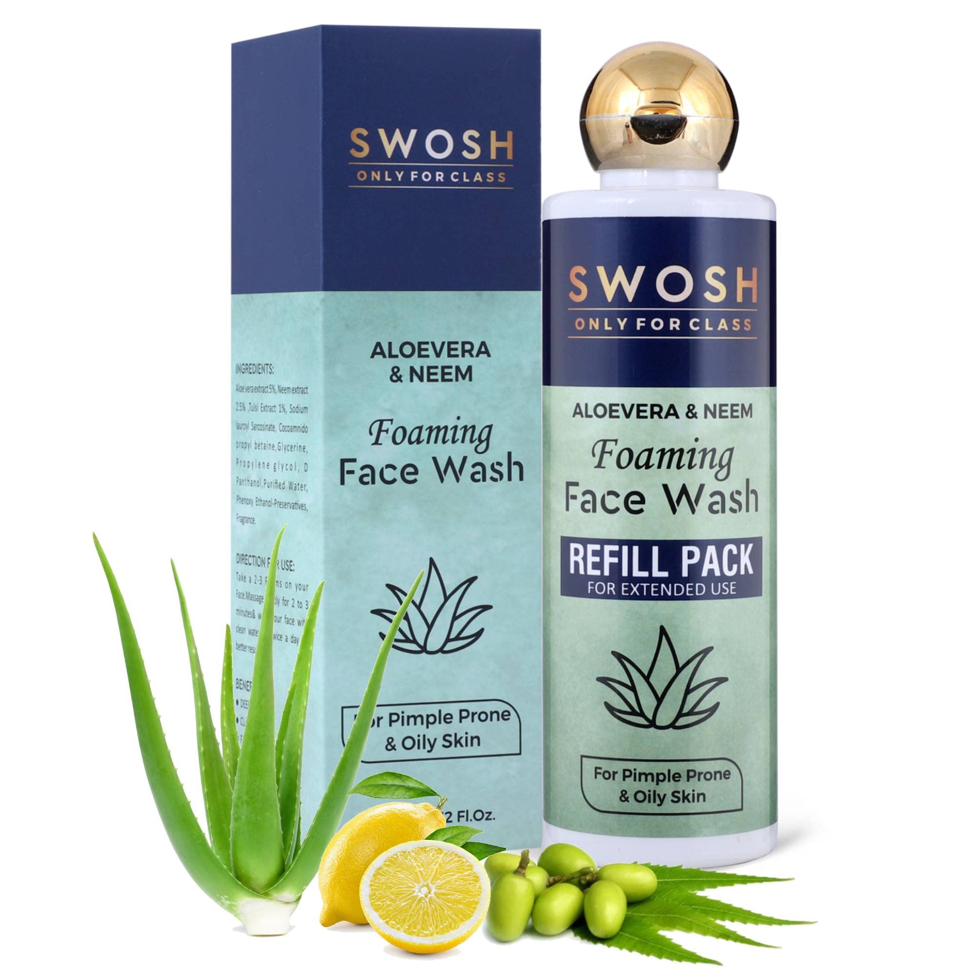 SWOSH Foaming Face Wash Refill Pack 200ml - Aloe Vera & Neem for Acne Prone Skin | Deep Cleansing, Exfoliating & Moisturizing Face Wash for Women & Men | Perfect for Daily Skincare Routine & Travel