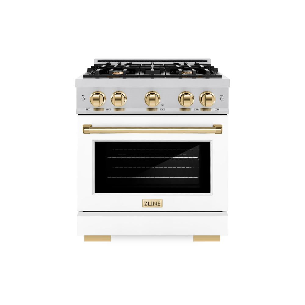 ZLINE Autograph Edition 30-inch 4.2 cu ft Gas Range with 4 Burner Cooktop & Convection Oven - Stainless Steel with White Matte Door & Polished Gold Accents - Perfect for Modern Kitchens & Professional Cooking (HGRZ WM 30 G)