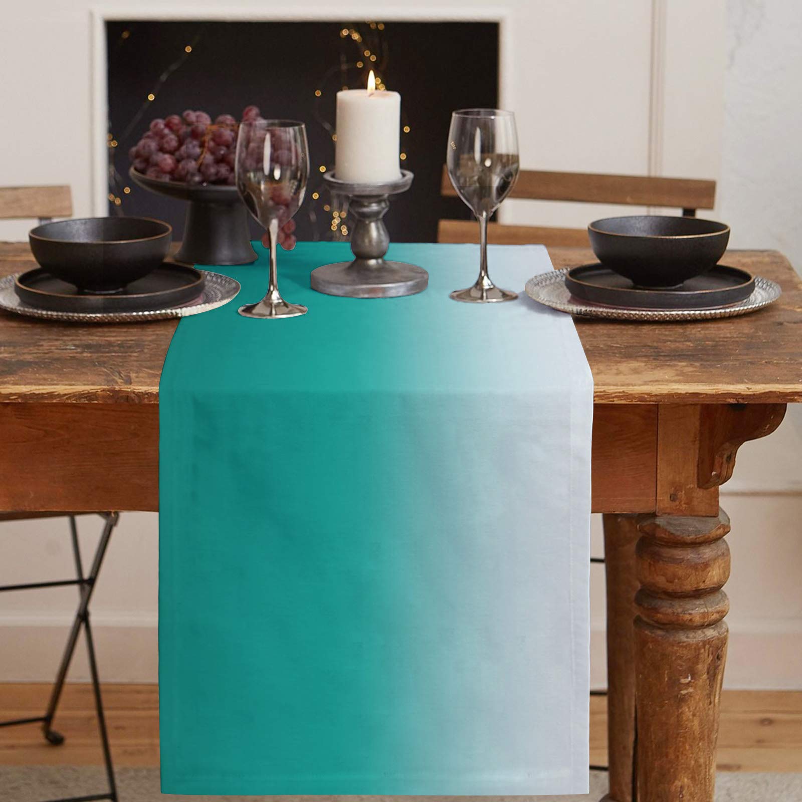 Ombre Turquoise Cotton Linen Table Runner - 16x72 Inch Teal White Gradient Rectangular Table Cover for Wedding, Holiday Party, Farmhouse Kitchen & Dinner Decor | Dresser Scarf, Table Setting Accessory