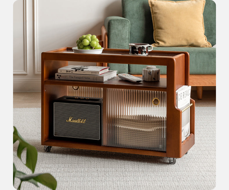 Solid Wood Mobile Glass Side Table - Oak, Poplar, Black Walnut - Perfect for Living Room, Bedroom or Office Use