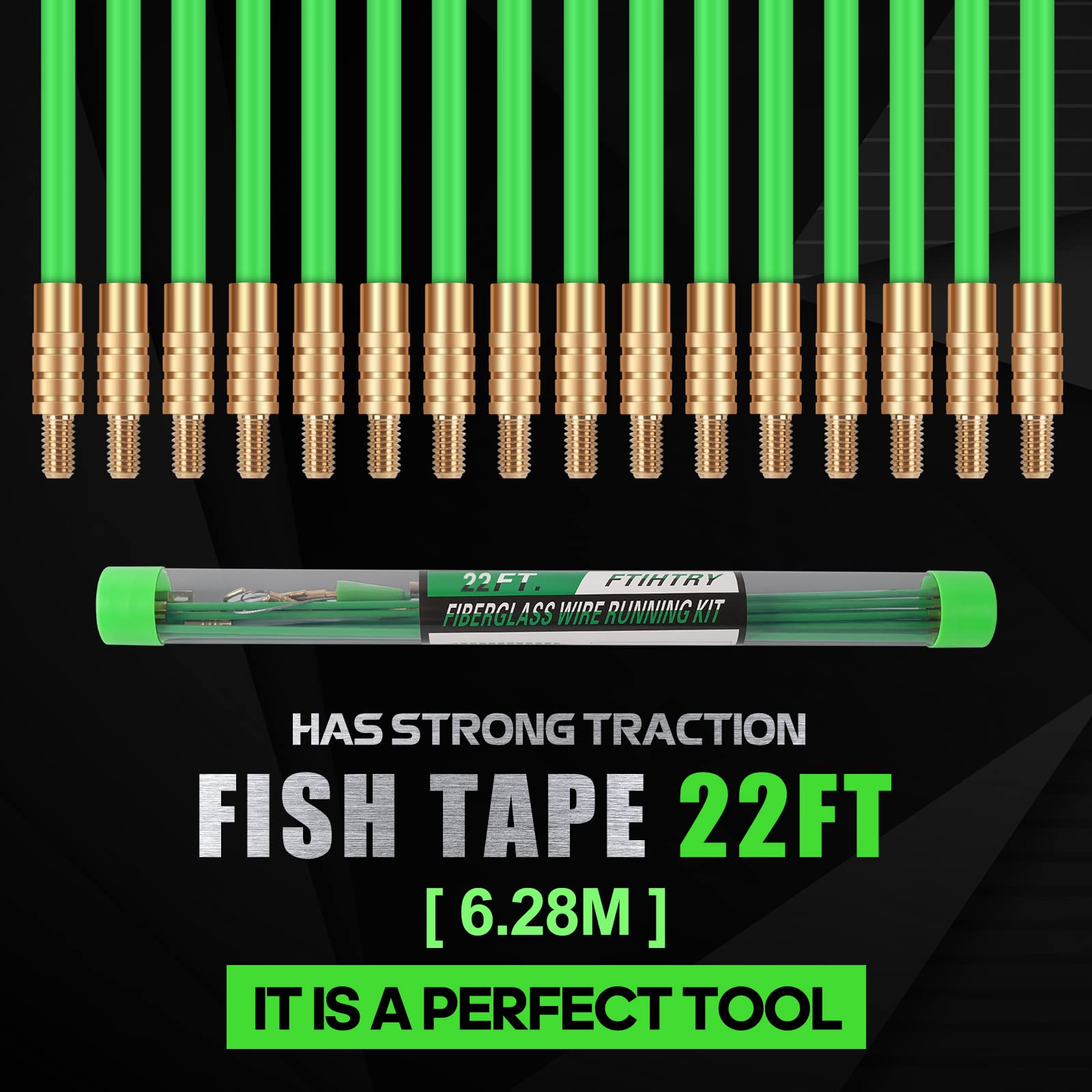 22FT Fiberglass Wire Pulling Kit with 8 Attachments - for Electrical Wiring & Fish Tape Installation