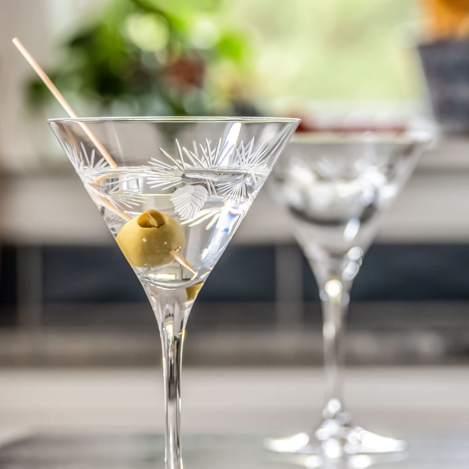 Premium Rolf Glass Icy Pine Martini Glasses Set of 4 - Lead-Free Crystal Stemware with Diamond-Wheel Engraving - Handcrafted in USA - Perfect for Cocktail Parties, Home Bars & Gift Giving