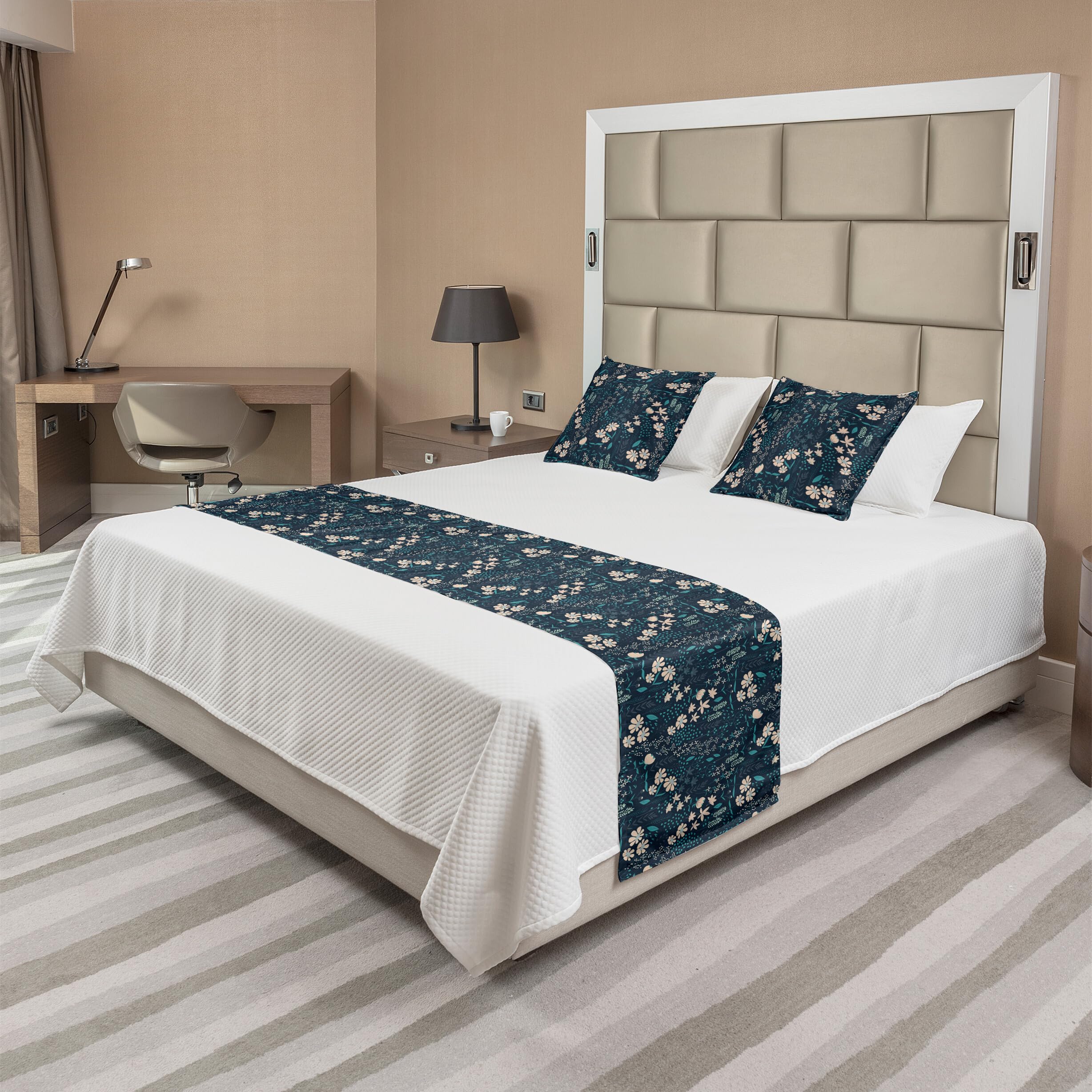 Ambesonne Floral Bed Runner Set - Botanical Flower & Herb Design, Decorative Bedding Scarf with 2 Pillow Shams for Queen Bed, Petrol Blue & Peach - Perfect for Hotels, Homes & Bedroom Decor