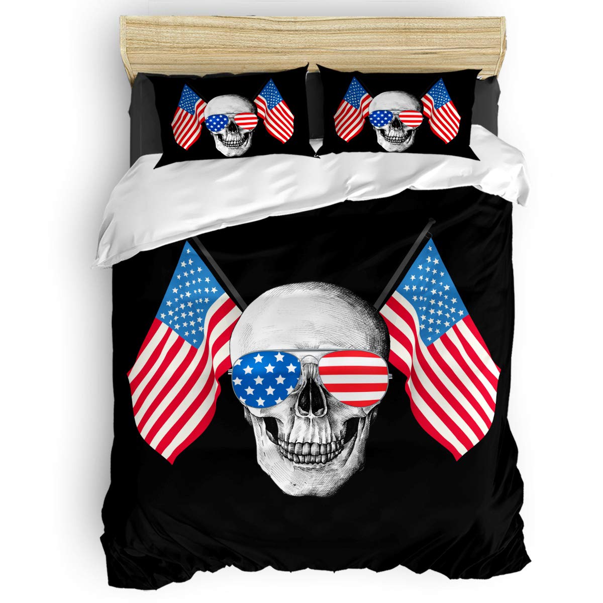King Size Bedding Sets - 4 Piece Duvet Cover Set with Cool Skull Head & American Flag Design, Includes 1 Duvet Cover, 1 Fitted Sheet & 2 Pillowcases - Perfect for Gothic Home Decor, Teen Bedrooms & Patriotic Themed Rooms