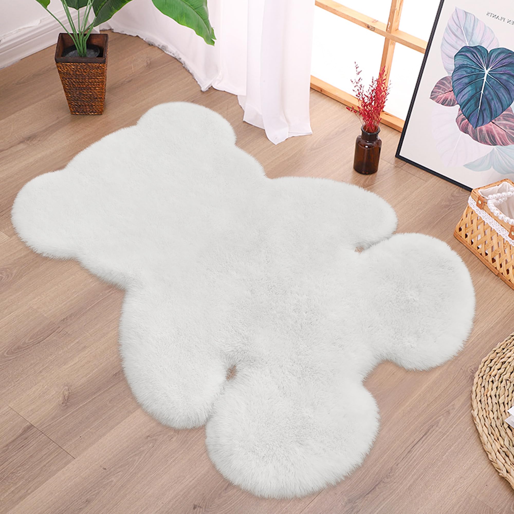 3x3.9ft White Small Bear Shaggy Rug - Ultra Soft Fluffy Faux Sheepskin Fur Area Rug for Nursery, Kids Room & Girls Bedroom Decor | Cozy Plush Carpet for Living Room, Home Aesthetic & Play Areas | Perfect for Floor Seating, Photo Backdrops & Cozy Spaces