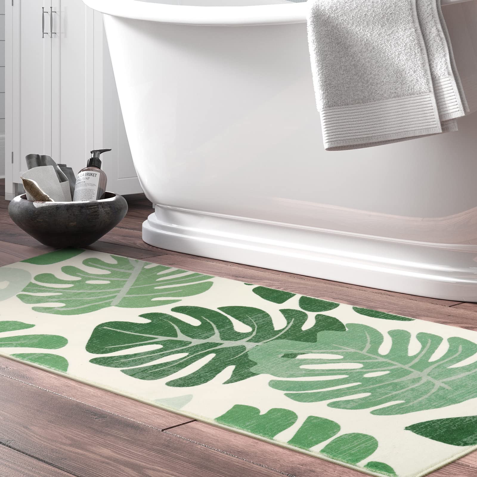 Lukinbox Non-Slip Washable Bathroom Runner Rug - Soft Velvet Green Leaf Design, 20x59 Inch Long Bath Mat for Bathroom, Kitchen, Hallway, Bedroom & Living Room | Perfect for Cozy Home Decor and High-Traffic Areas