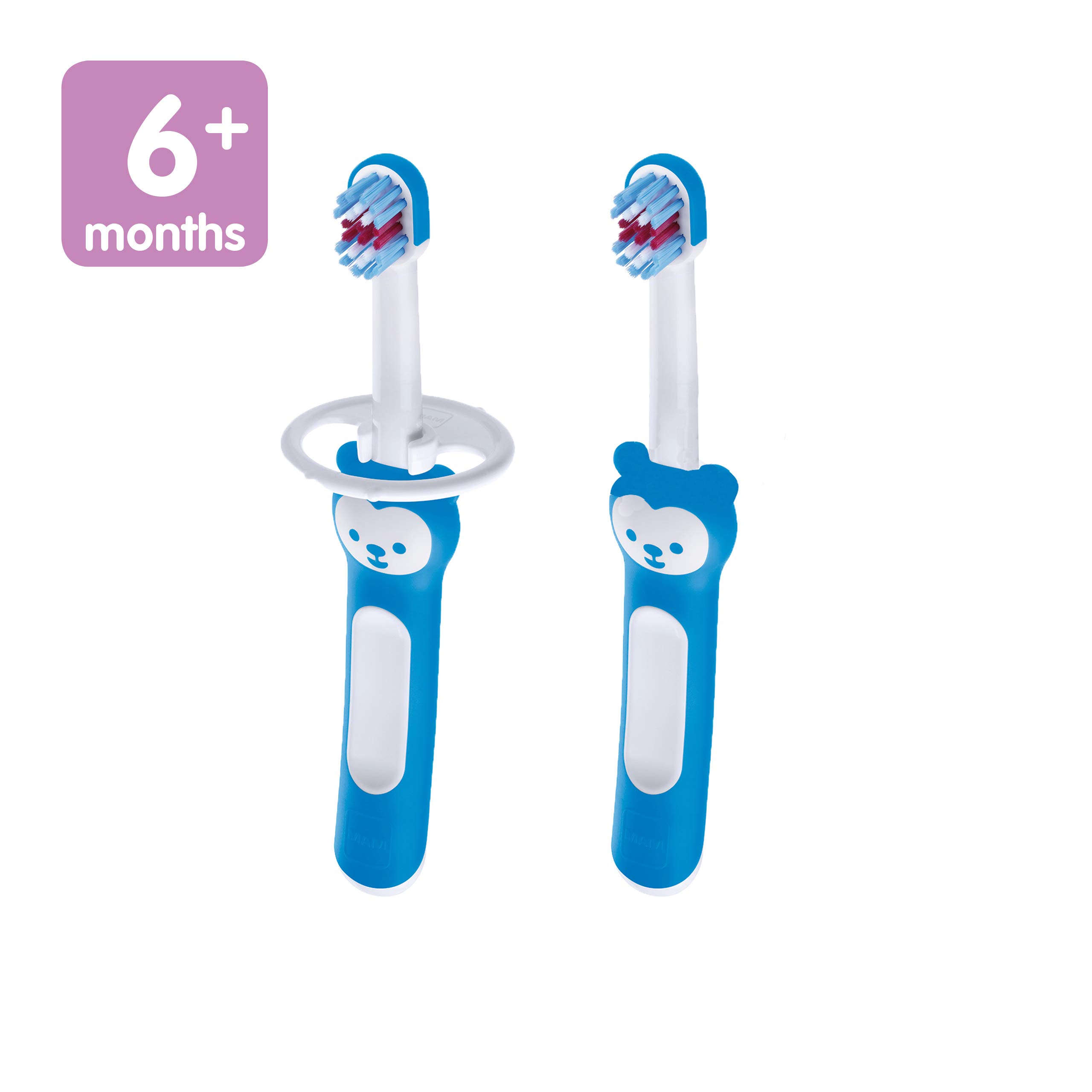 MAM Baby Training Toothbrush Set - 2 Toothbrushes with Safety Shield & Brushy the Bear, Interactive App for Oral Care, Blue - Ideal for Boys 5+ Months - Perfect for Teething & Early Dental Hygiene