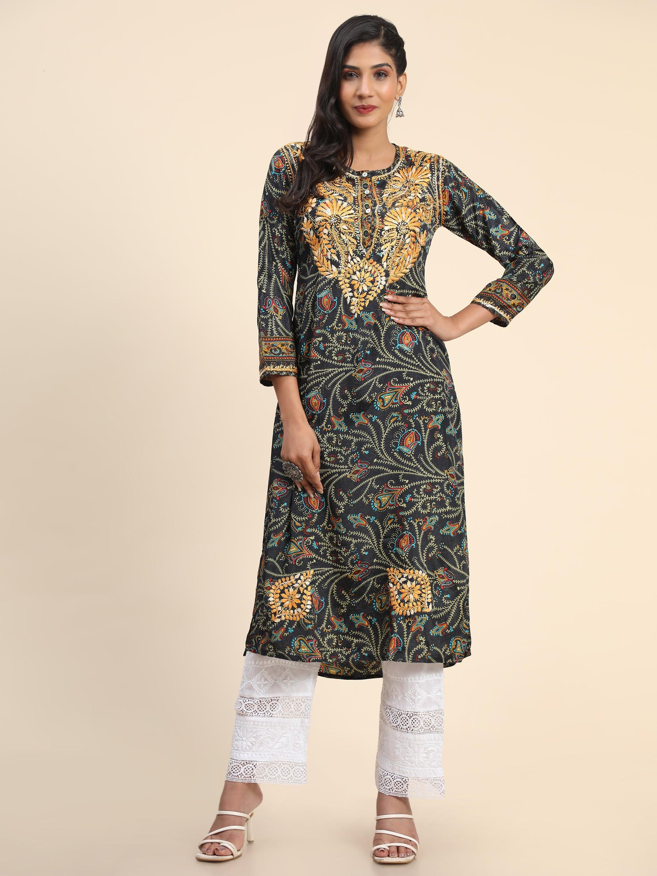 Premium Printed PolySilk Chikankari Long Kurta for Women - Elegant Dark Floral Print Indian Ethnic Wear | Perfect for Festivals, Weddings & Special Occasions