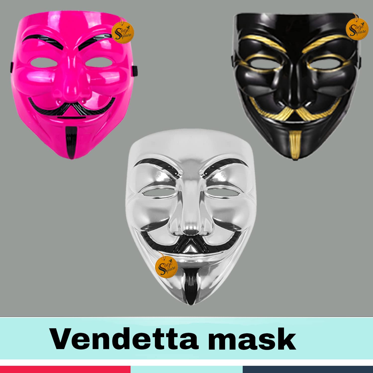 V for Vendetta Face Mask Set of 3 - Sage Square Black, Pink & Silver Anonymous Cosplay Mask | Perfect Fit for Halloween, Protests & Movie Costumes