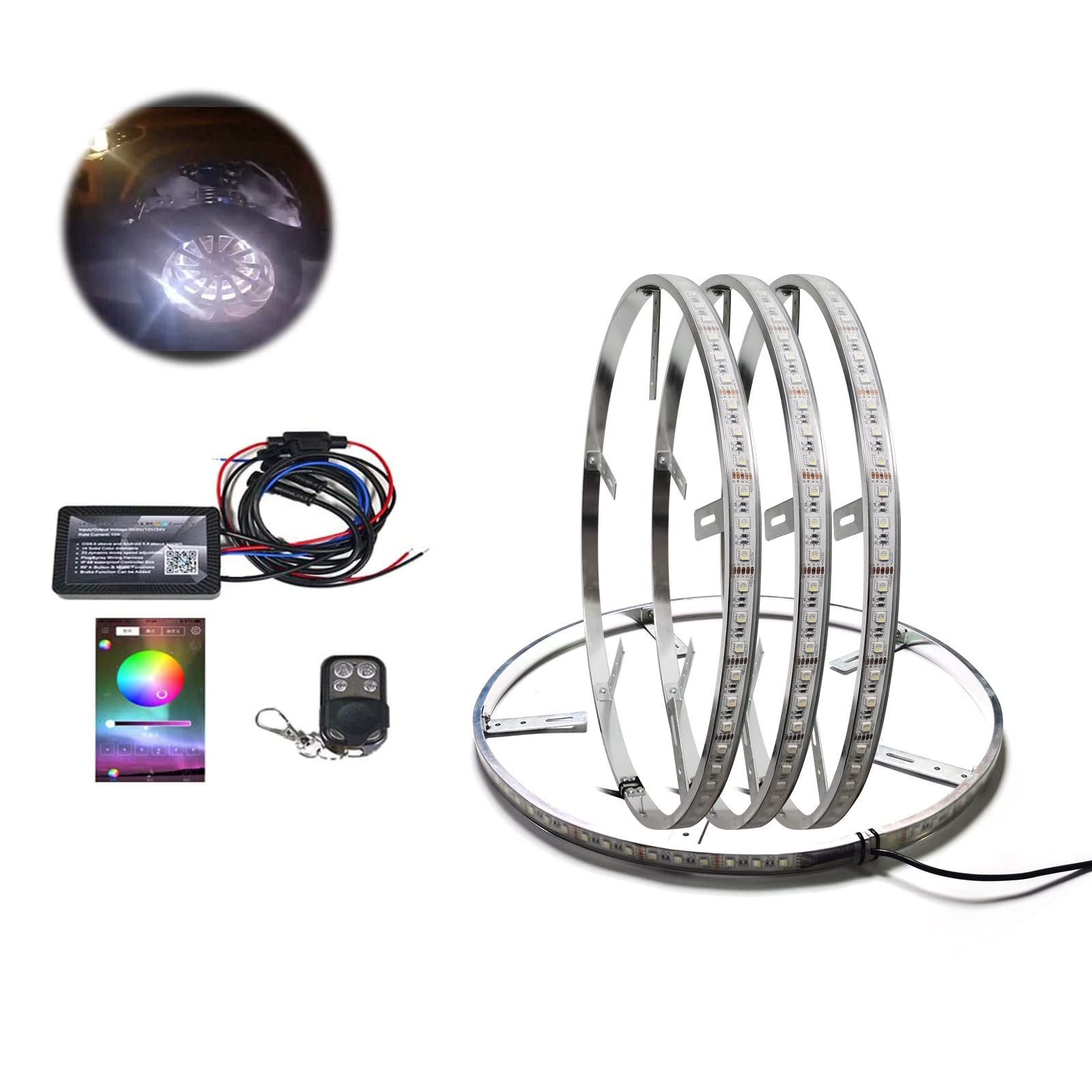 15.5in 144LED RGBW Auto Wheel Ring Lights - Brightest Multi-Color LED Rim Lights with RF Remote & App Control for Trucks & Cars | Enhance Night Driving & Car Shows