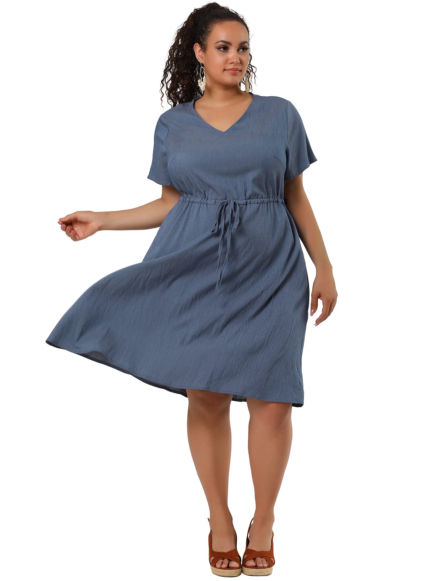 Agnes Orinda Women's Plus Size V-Neck Short Sleeve A-Line Flowy Midi Dress - Chambray Summer Dress 2024 | Casual Wear, Office Outfit, Beach Cover-Up, Date Night Dress