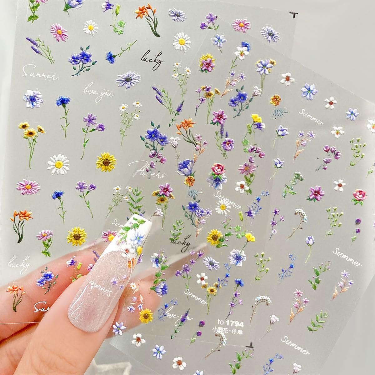 5D Floral Nail Stickers for Women - Summer Wildflower Daisy Leaf Nail Art Decals, 2 Sheets 3D Embossed Floral Nail Supplies for Manicure & Pedicure - Perfect for Spring Nail Designs, DIY Home Salon, Party Nail Art and Gift Giving