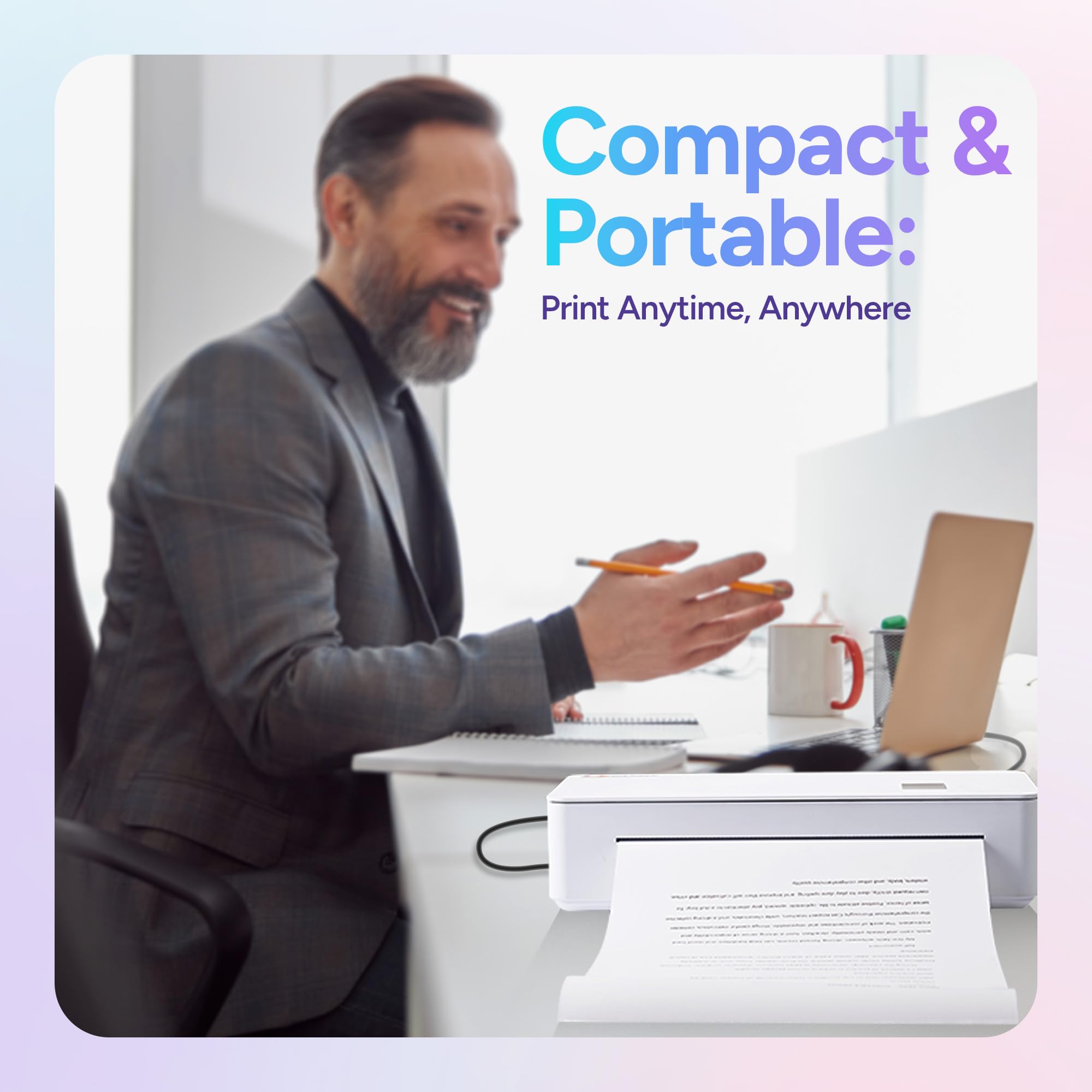 PrintPeak Wireless Thermal A4 Printer with 1 Roll Pre-Cut Paper (50 Sheets) - Portable Bluetooth Printer for iPhone, Android & Laptop, 27.5 x 11.6 cm - Ideal for Travel, Office & Home Receipt Printing