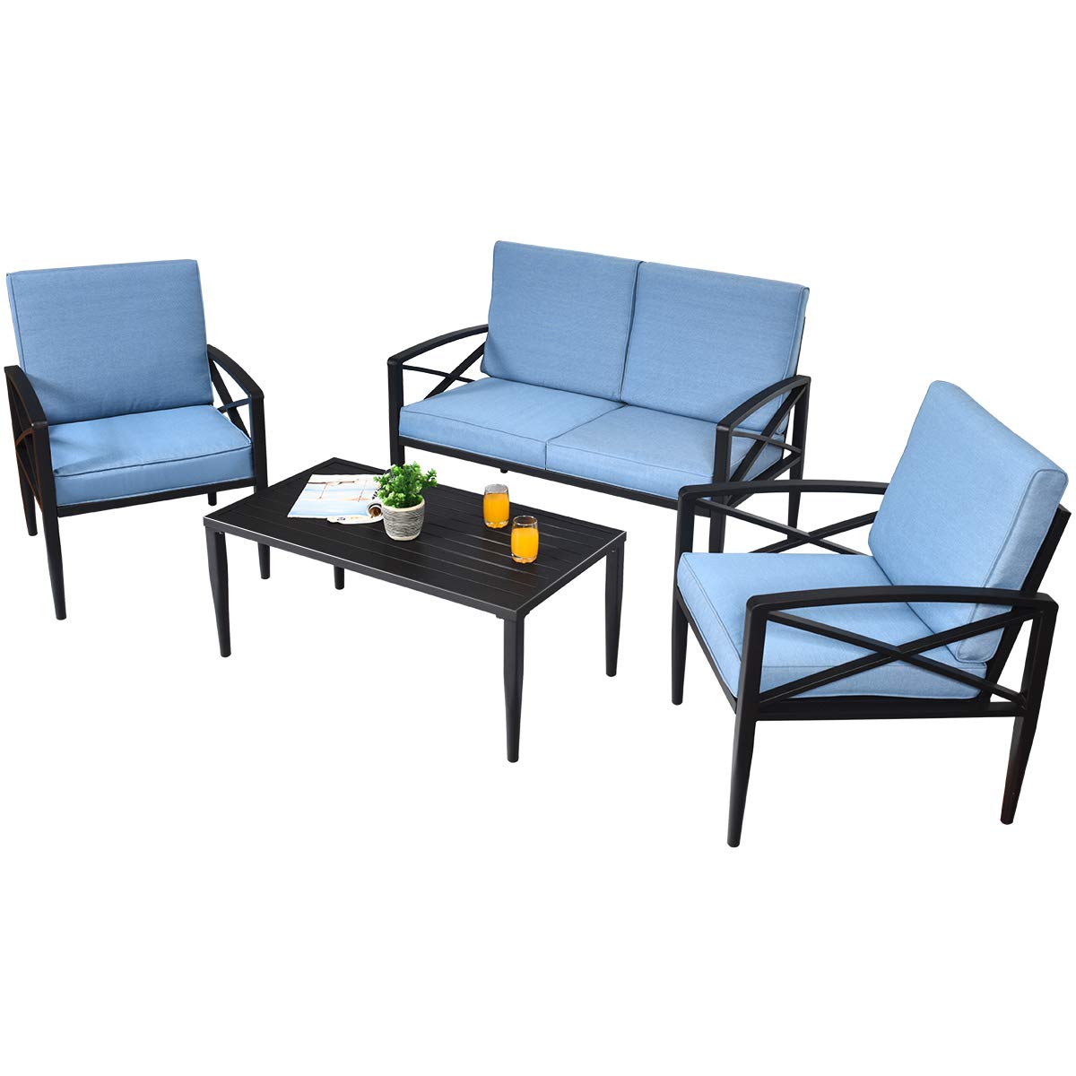 Tangkula 8-Piece Outdoor Patio Furniture Set - 2 Loveseats, 4 Single Sofas & 2 Coffee Tables with Cushions - Durable Aluminum Garden Conversation Set for Backyard, Poolside, Deck or Terrace (Blue)