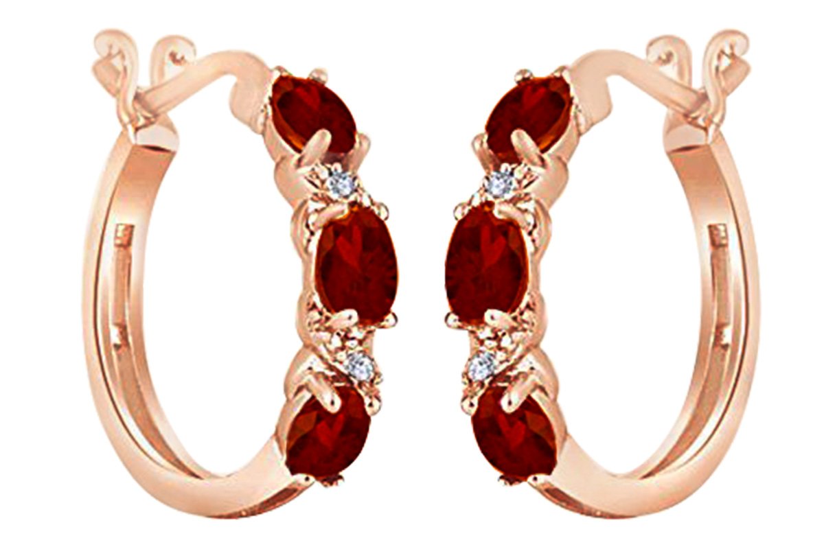 14K Gold Over Sterling Silver Oval Cut Simulated Red Garnet & White Diamond Hoop Earrings | Elegant Jewelry for Parties, Weddings & Special Occasions
