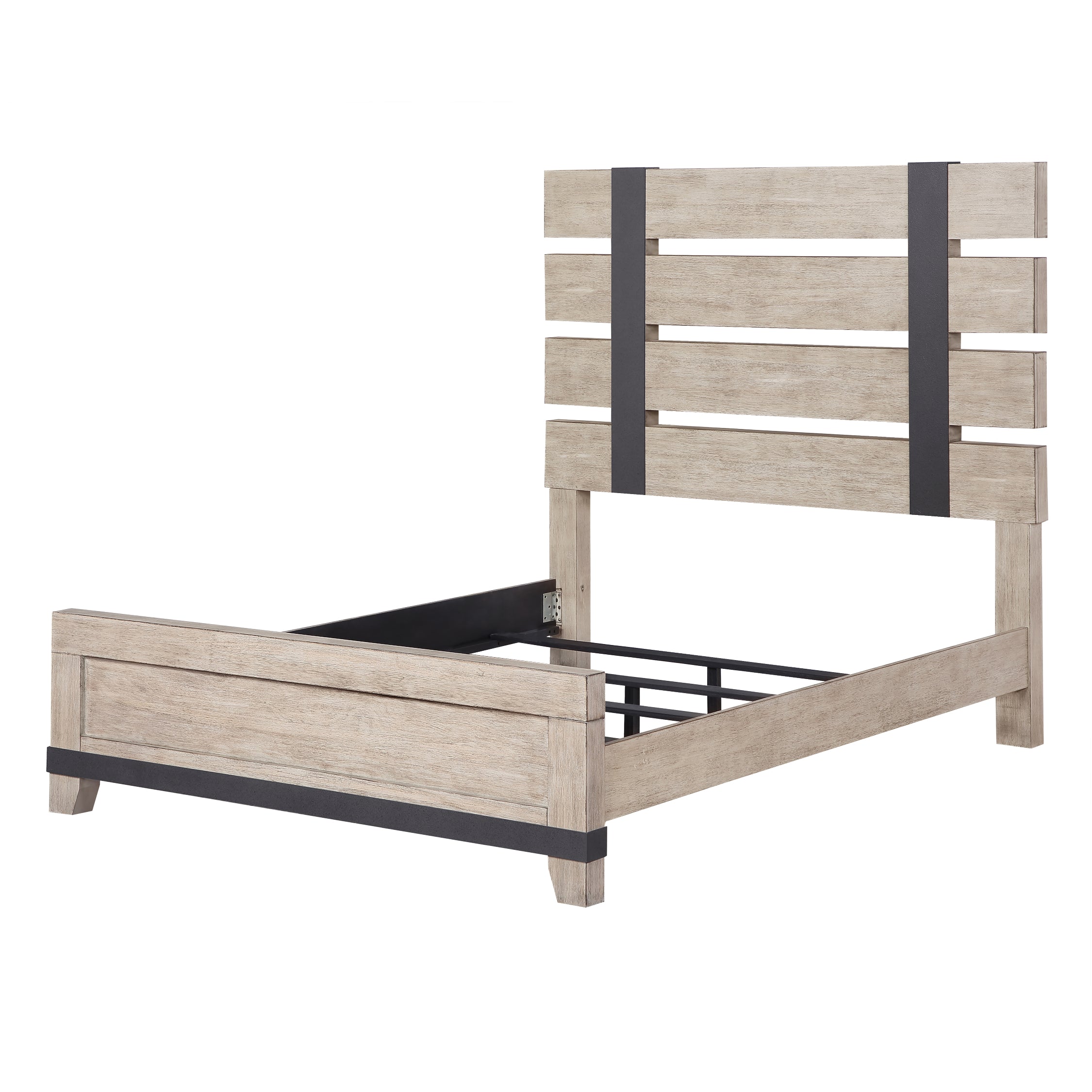 Arbela Wood Slatted Panel Bed - Queen Size, Weathered Oak Finish, Solid Wood Frame, Modern Farmhouse Style - Perfect for Bedroom, Guest Room, and Home Decor
